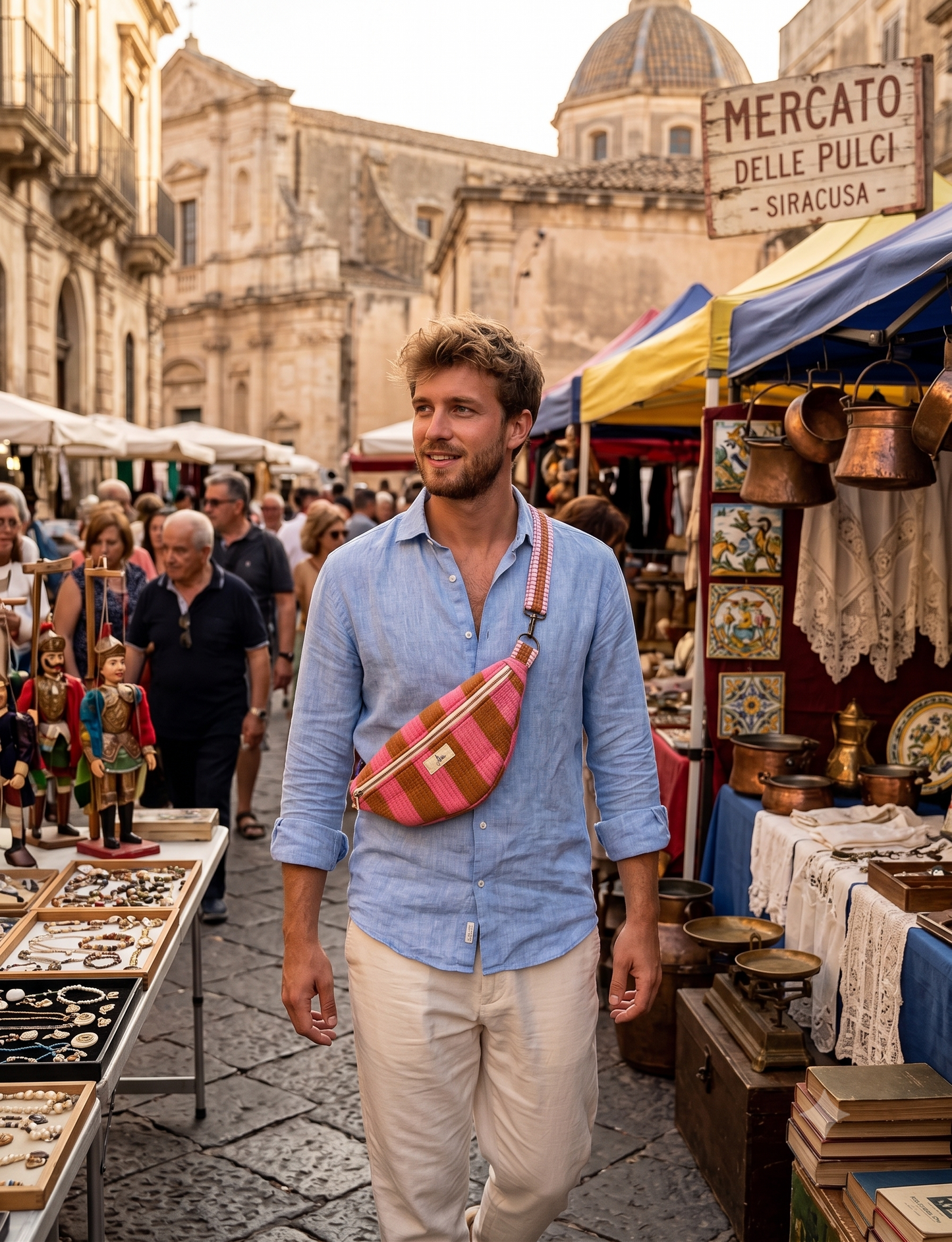 A man walking through a bustling outdoor market street wearing a pink and rust striped crossbody sling bag with a brown leather strap. The background features historic stone buildings, market stalls with colourful awnings, and other shoppers.