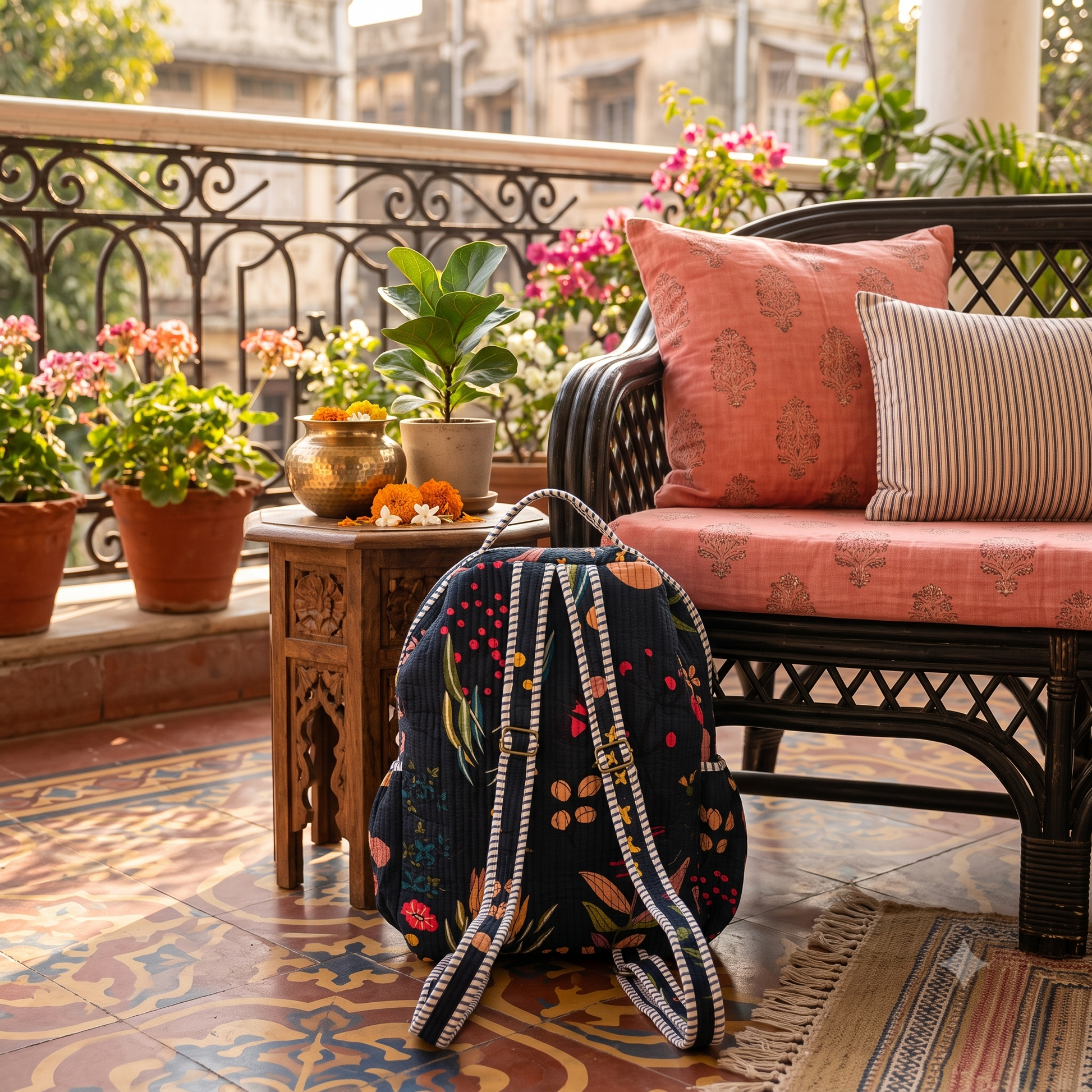A dark navy backpack with a colorful floral print and adjustable straps with metal adjusters sits on a decorated balcony next to a wicker bench with pink cushions.