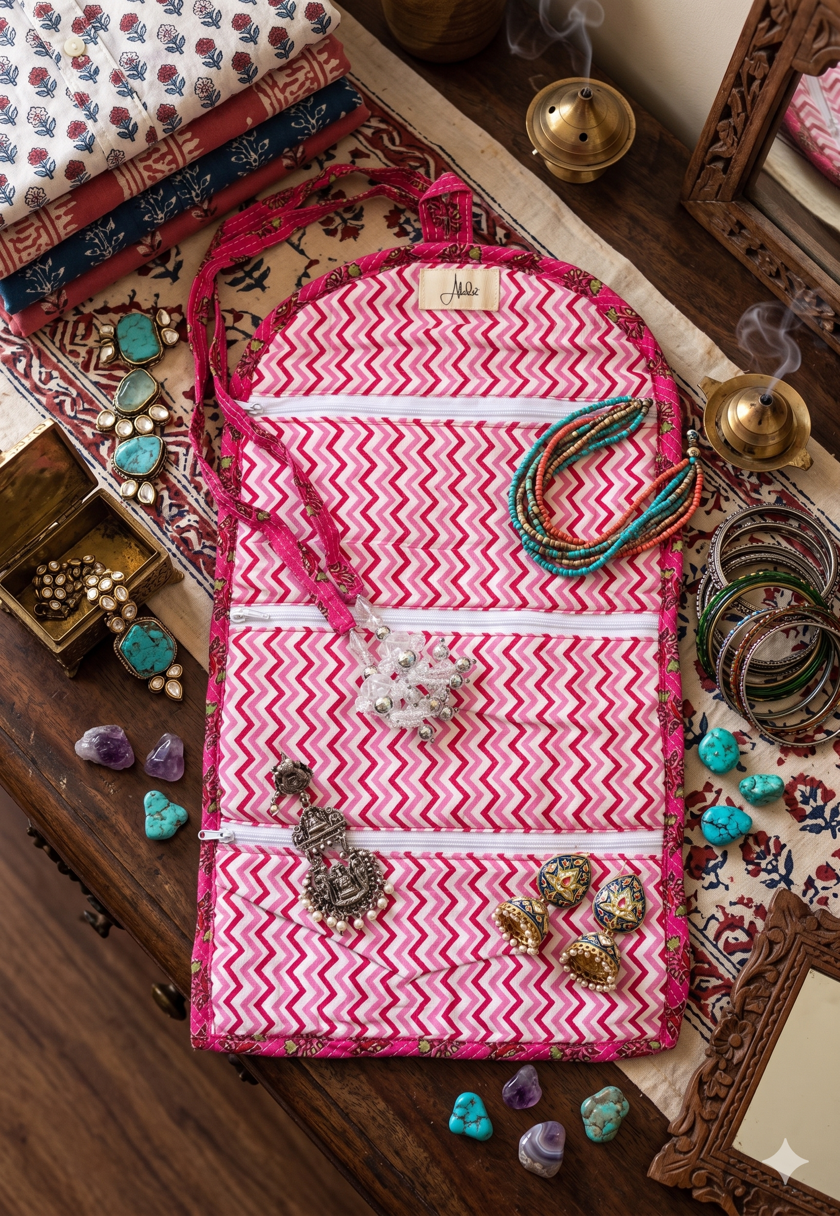 Pink and white zigzag-patterned interior of a organiser bag with jewellery on a wooden surface