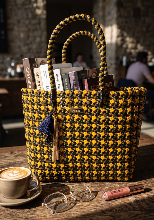 A golden yellow and black woven recycled plastic tote bag with braided handles sits on a wooden table in a cafe setting, filled with books. A coffee cup, eyeglasses, and a lip gloss tube are placed in front of it.