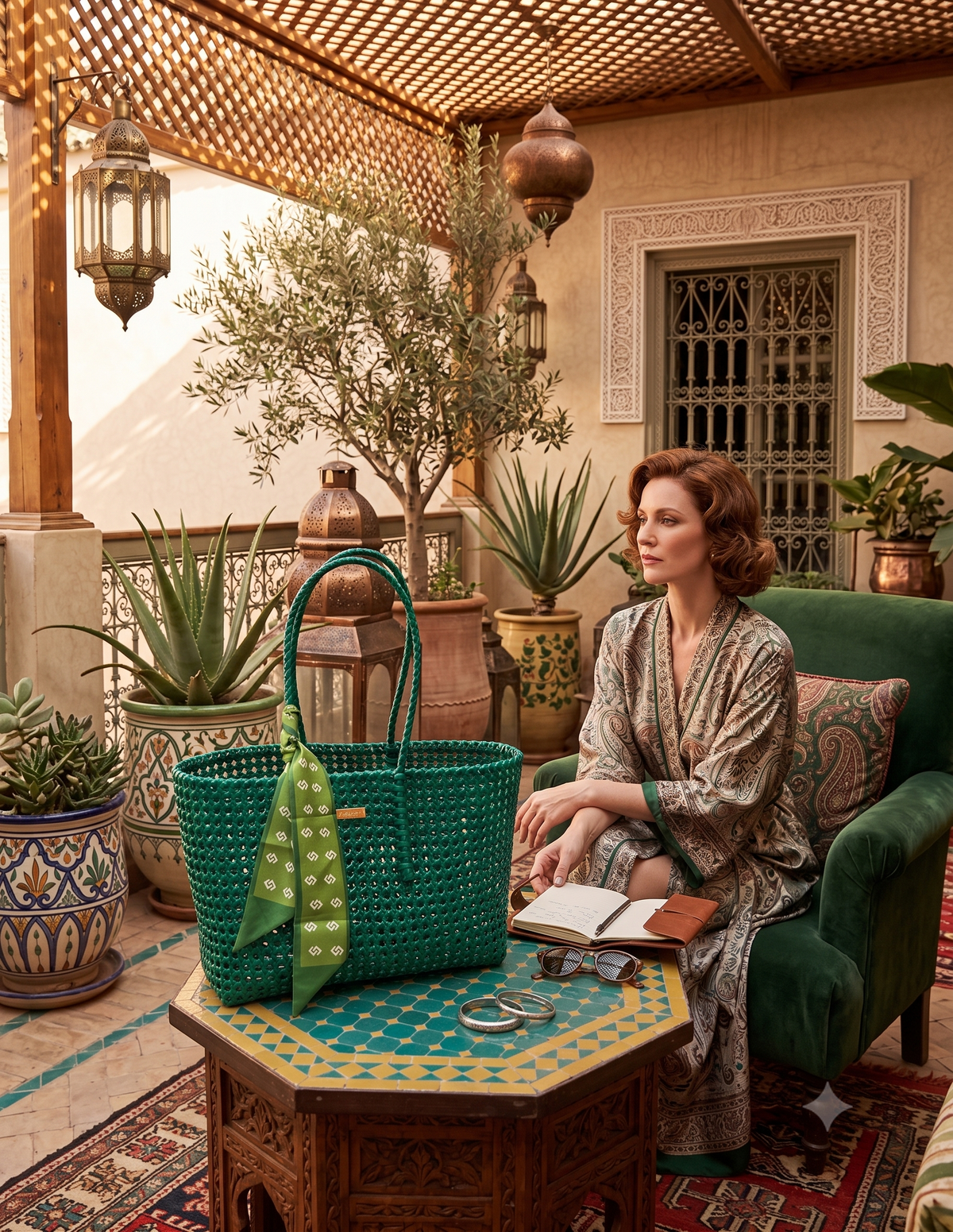 A woman sits in a green armchair on a patterned rug in a Moroccan-style courtyard, wearing a beige and brown patterned robe. In the foreground, a dark green woven recycled plastic tote bag with a green patterned scarf rests on a wooden table.