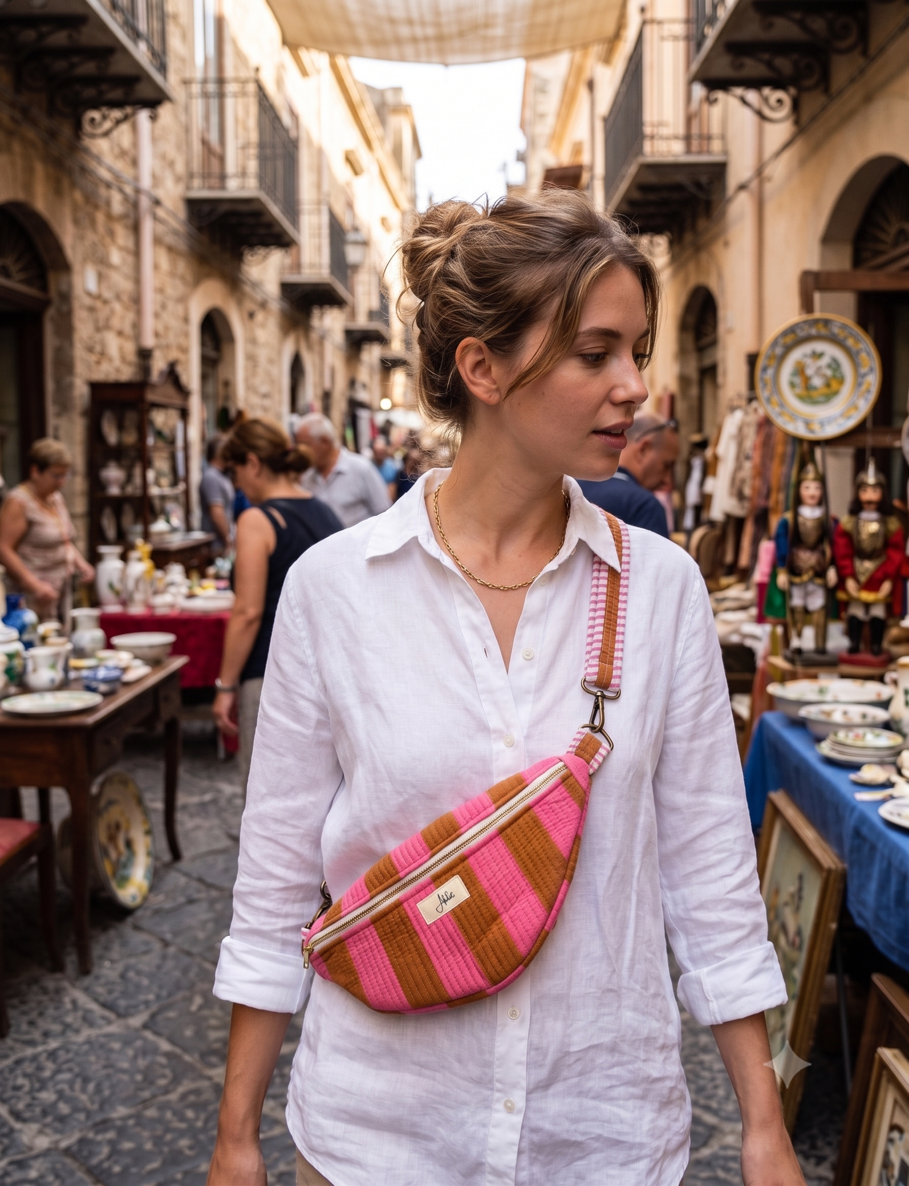 A woman wearing a white linen shirt walks through a narrow European-style street market, carrying a pink and rust striped quilted crossbody fanny pack.