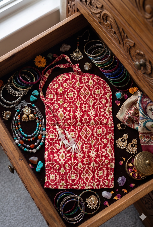 Decorative red jewellery pouch in a drawer with various jewellery items