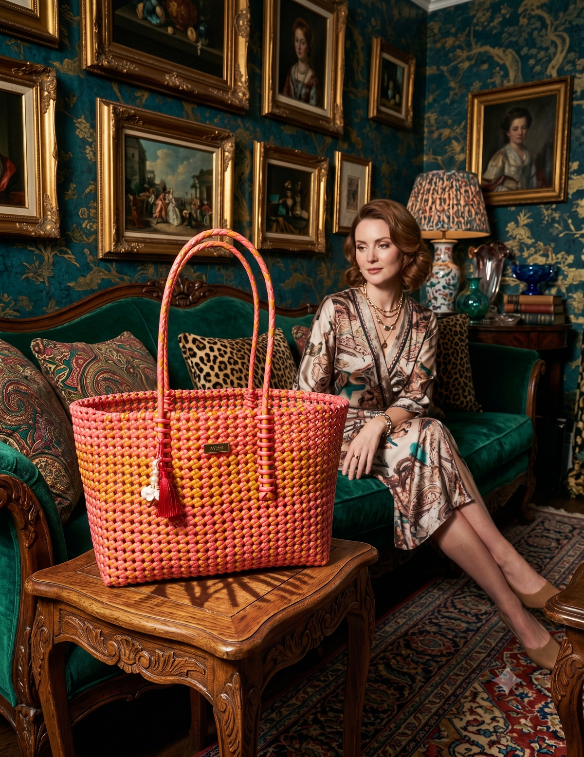 A woven recycled plastic tote bag in pink and yellow sits on a wooden table. A woman dressed in a dress sits next to the bag on a green couch in a lougne setup. 