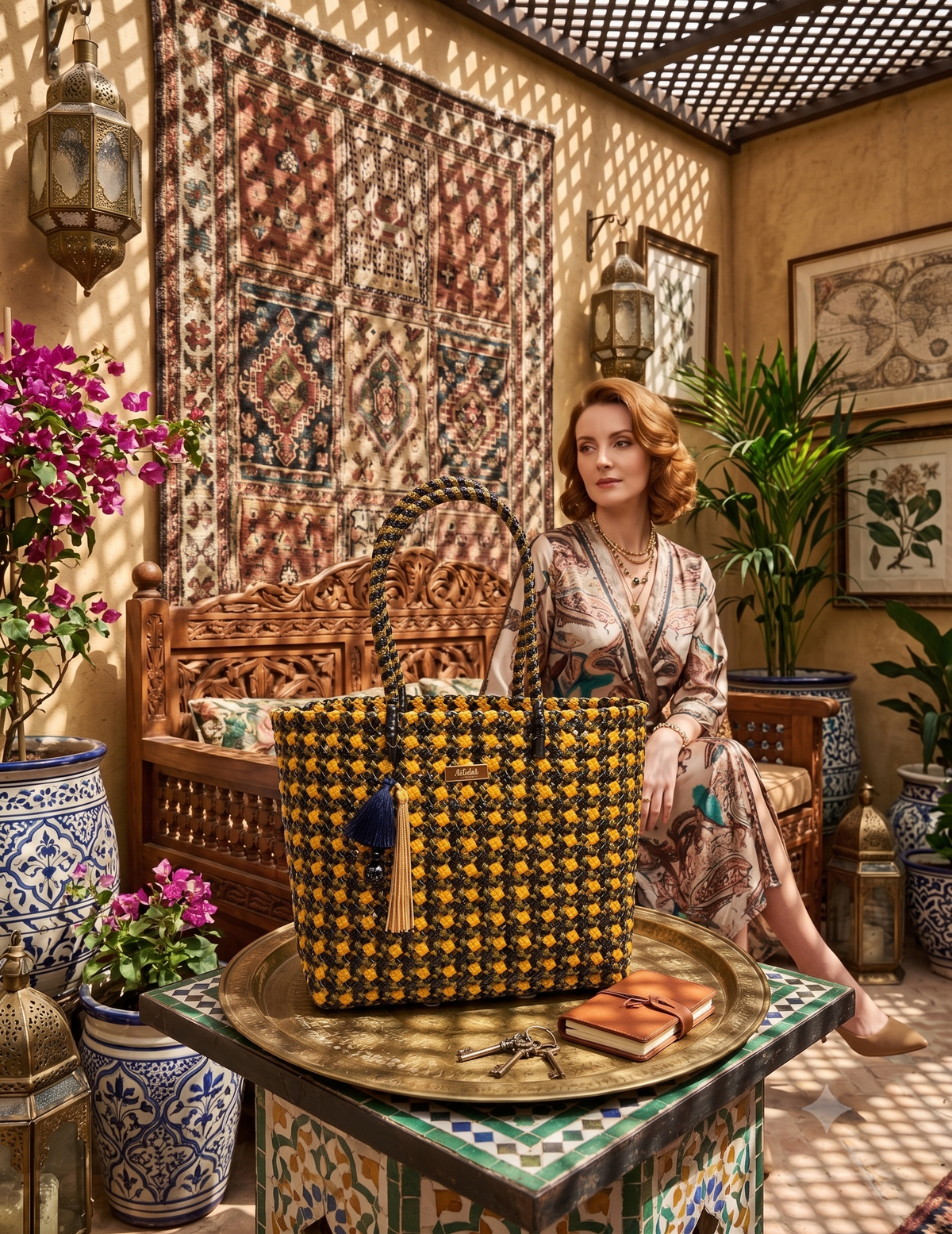 A woman sits on a carved wooden bench in a Moroccan-style room, wearing a patterned robe, and in front of her is a woven recycled plastic tote bag with a golden yellow and black houndstooth-like pattern, placed on a tiled table in the foreground.