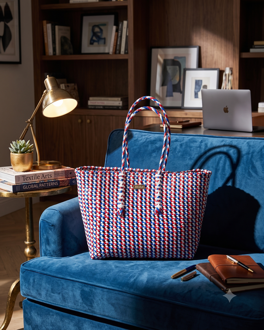 A woven Recycled plastic tote bag with a red, white, and blue geometric pattern sits on a blue velvet armchair in a styled home office setting with a wooden desk, laptop, and lamp.