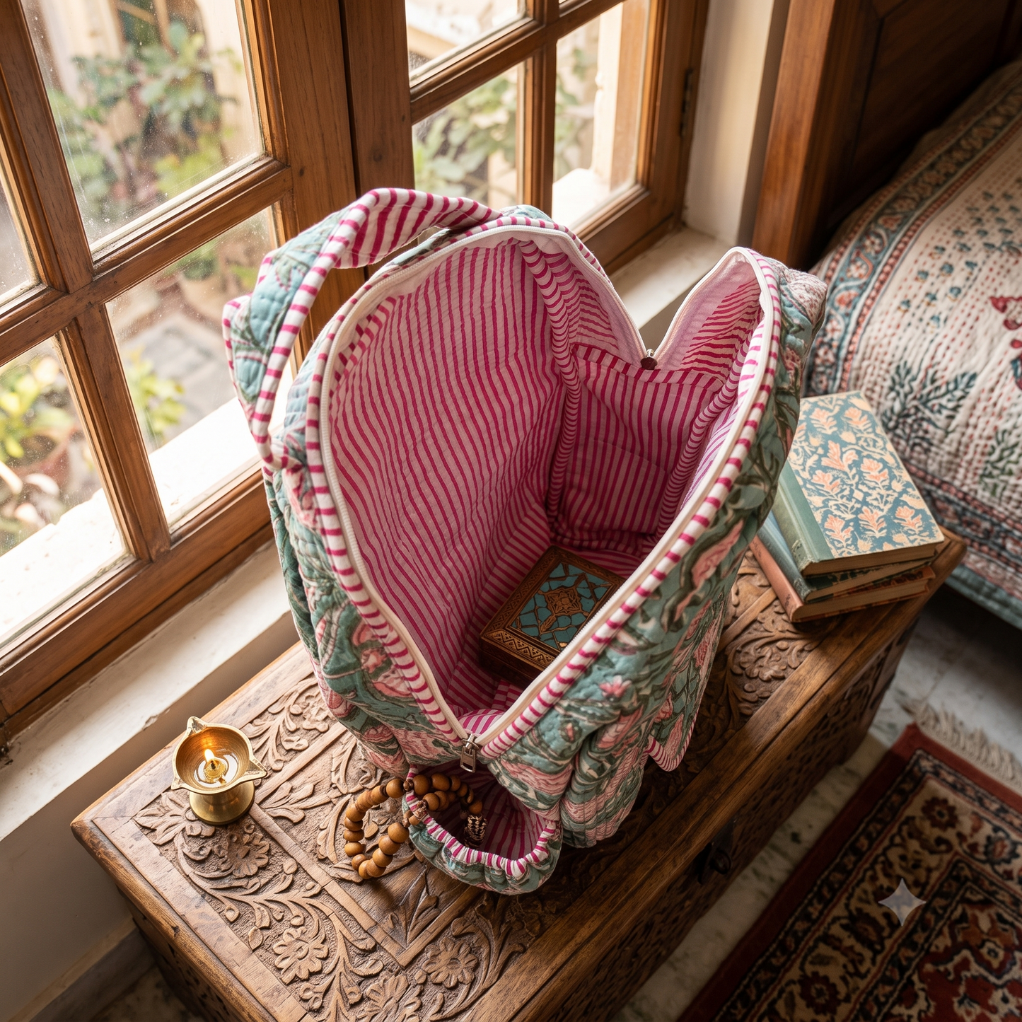 A pink and green patterned quilted bag with a pink striped inner lining, styled on a carved wooden chest in a cozy room next to a window.