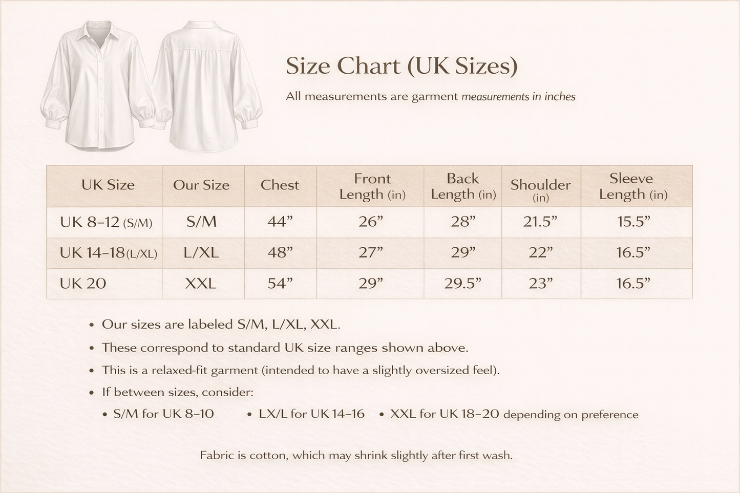 Size chart for shirts with measurements in inches for UK sizes.
