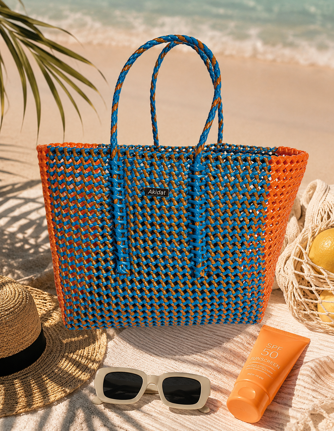 A blue and orange woven koodai bag made of recycled plastic on a sandy beach with sunglasses and sunscreen.