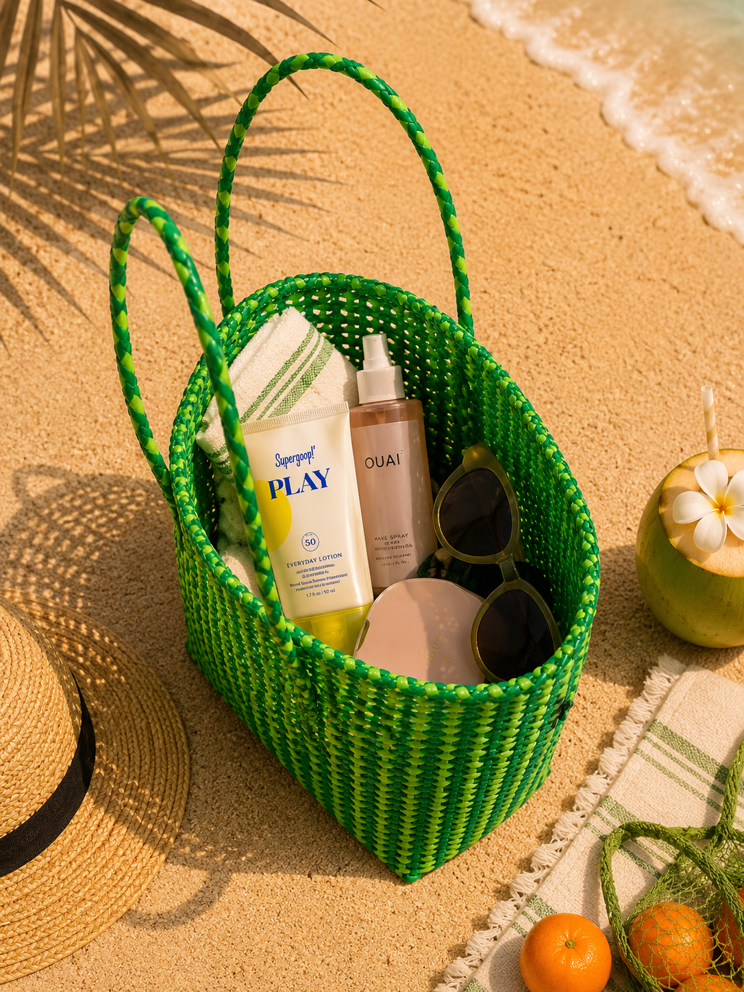 A green and Fluorescent green woven recycled plastic tote bag filled with beach essentials on a sandy background