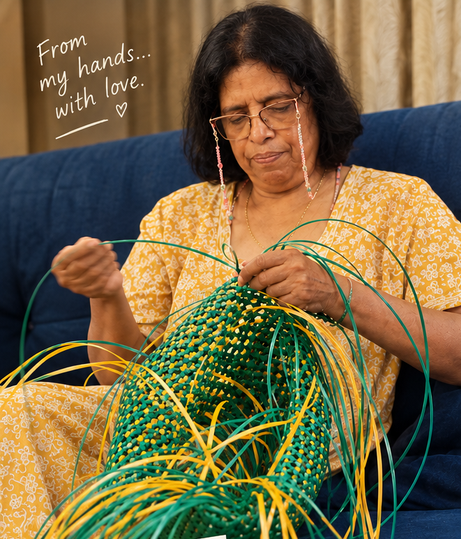 It features a woman wearing glasses and a patterned top holding a green and yellow patterned bag, alongside several smaller product photos of different colored bags (pink, blue, green, yellow) and text detailing the brand's philosophy and customization options.