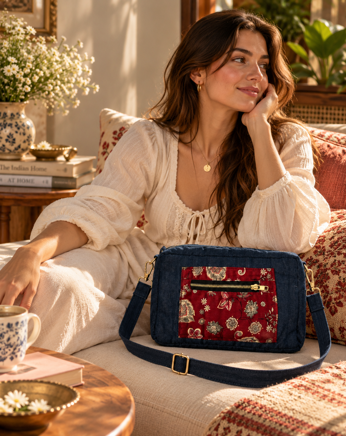 A woman in a cream boho-style dress sits on a couch in a warm, sunlit living room, holding a navy blue denim crossbody bag with a red floral front pocket.