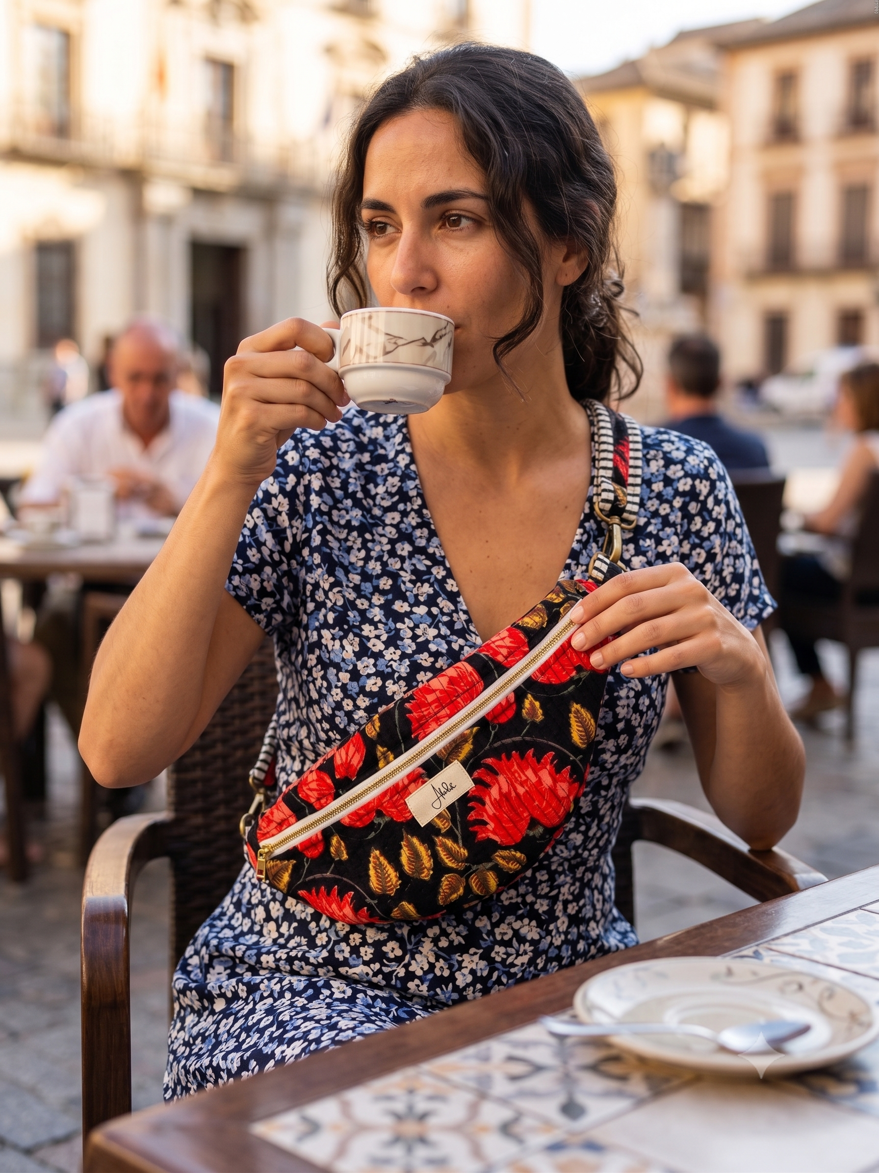 A woman sitting at an outdoor cafe table wearing a blue and white floral dress, holding a white teacup in one hand and holding up a colourful quilted crossbody bag with red flowers and green leaves on a black background.