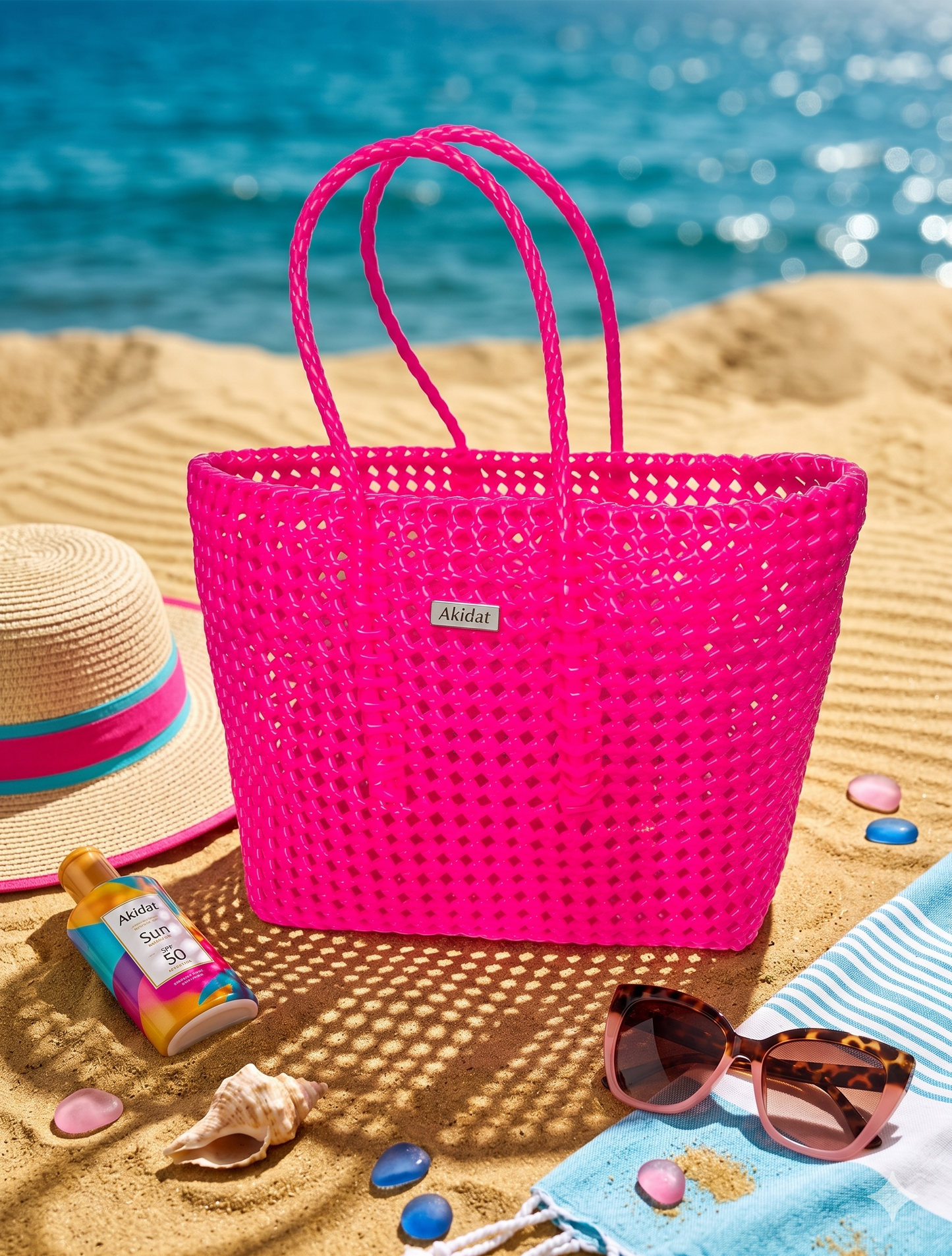A pink woven recycled plastic tote bag on a sandy beach with sunglasses, a towel, and sunscreen. 