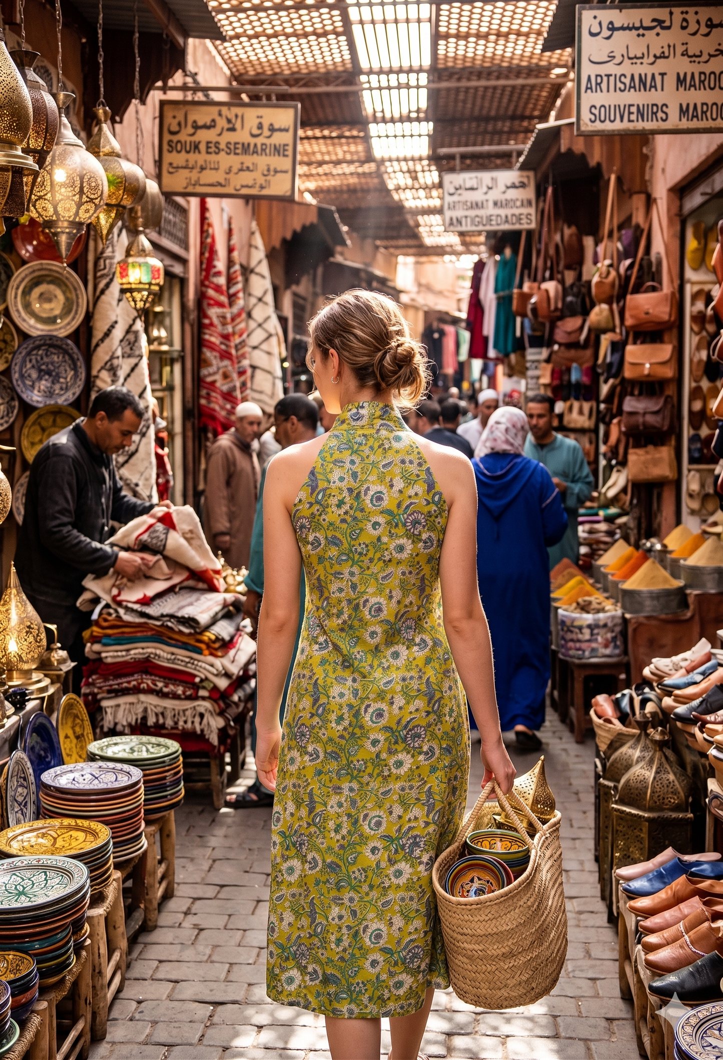 A woman in a yellow and blue floral dress walking through a bustling market with various goods on display.