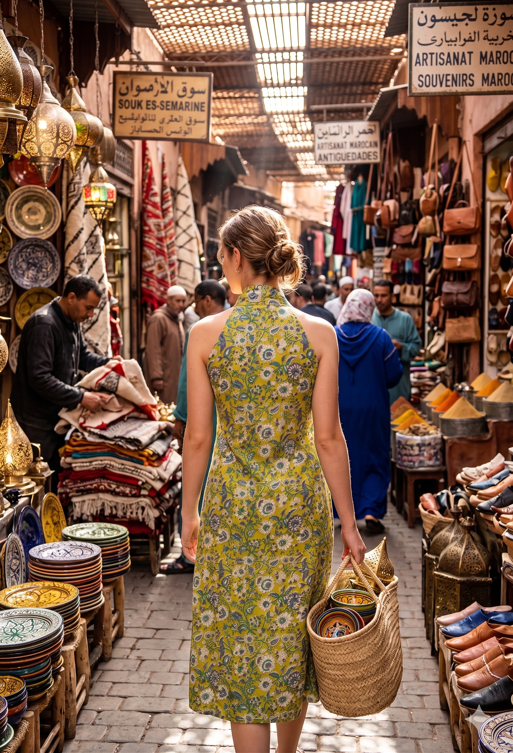 A woman in a yellow and blue floral dress walking through a bustling market with various goods on display.