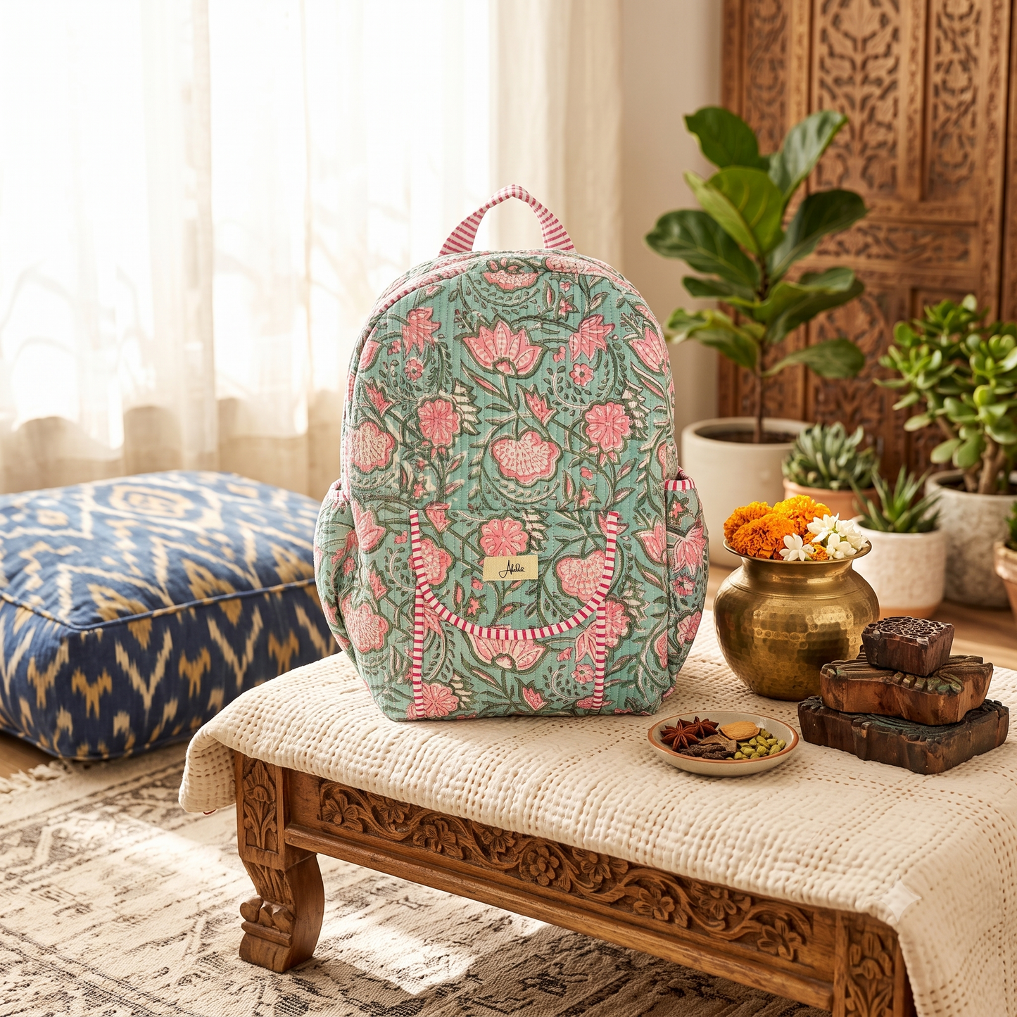 A light teal backpack with a pink and green floral block print sits on a carved wooden bench in a styled room with plants, a patterned cushion, and decorative objects.