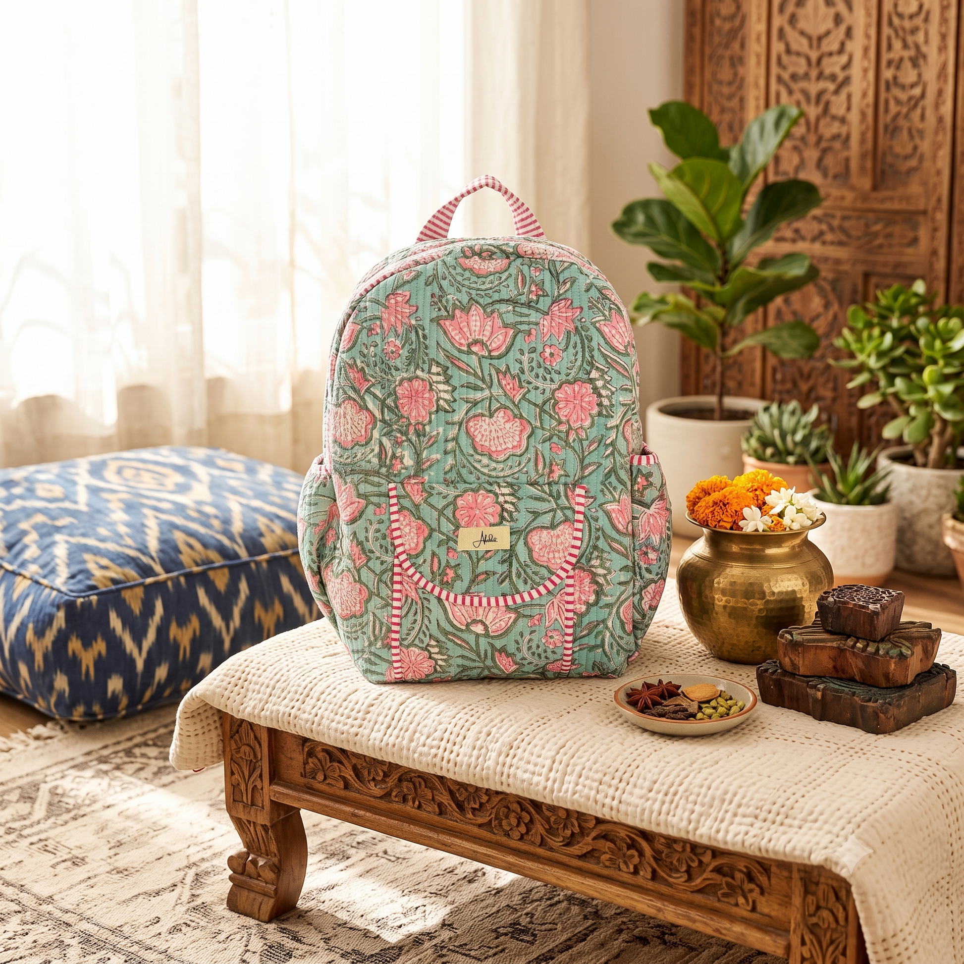 A light teal backpack with a pink and green floral block print sits on a carved wooden bench in a styled room with plants, a patterned cushion, and decorative objects.
