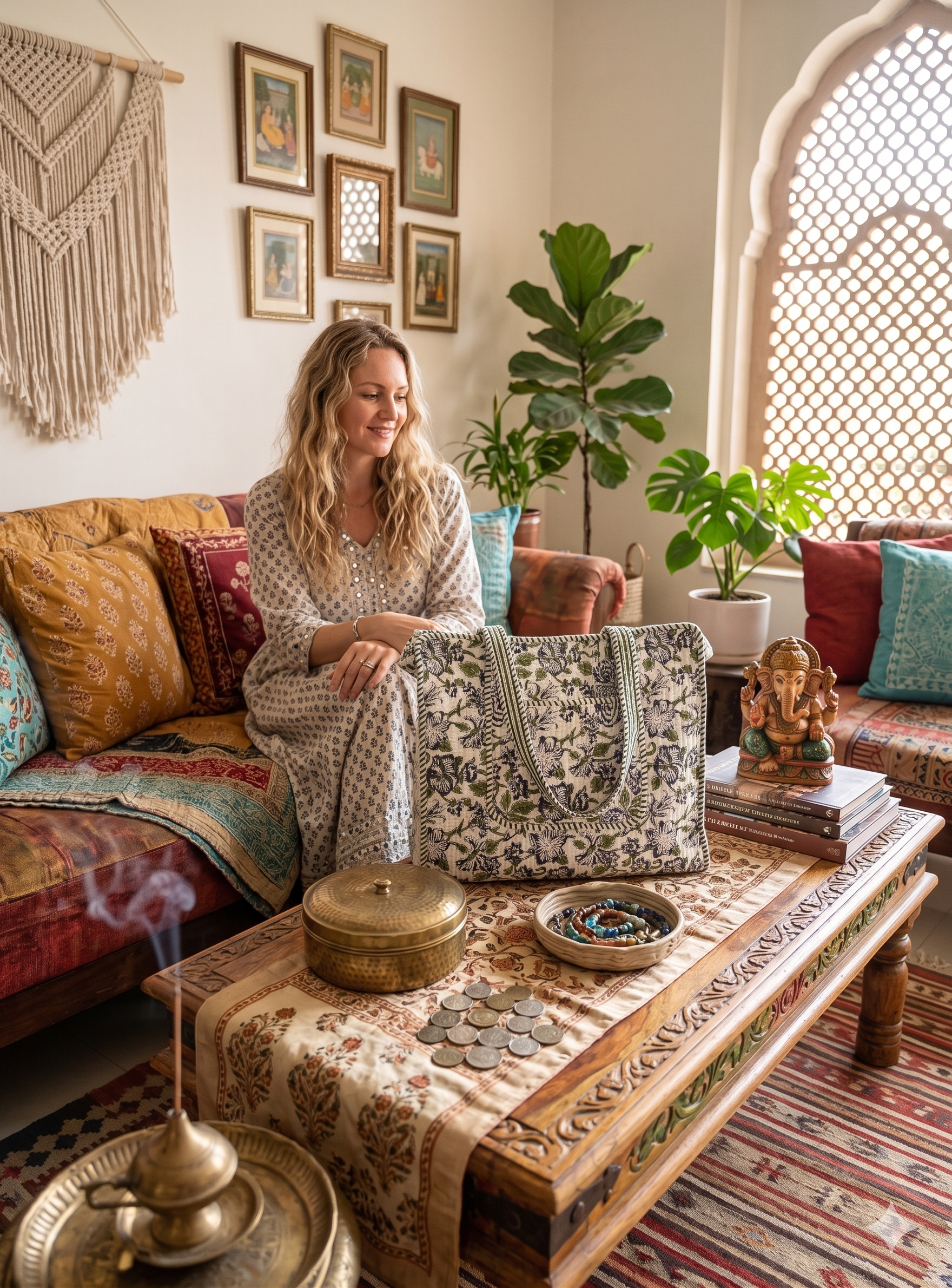 A woman sitting on a colourful couch in a decorated living room with a floral-patterned quilted tote bag on a table.