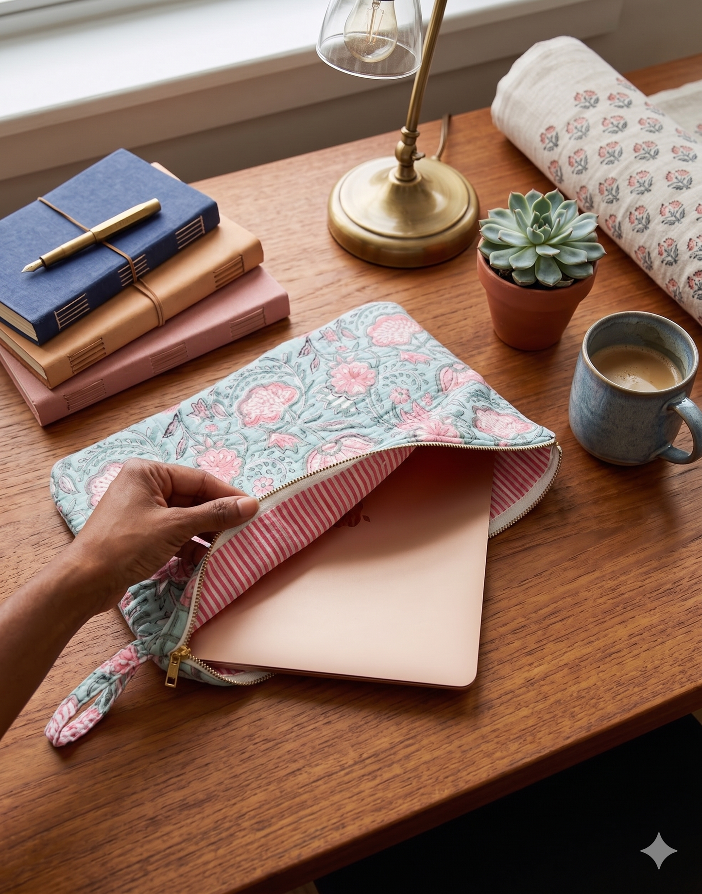 Quilted laptop sleeve with an aqua-coloured base and a pink and green floral blockprint pattern all over with a laptop inside, on a wooden study table with an open notebook, stack of books, pen holder, some wooden blocks and a cup of tea. The inside of the laptop sleeve is ppink and white stripes. 