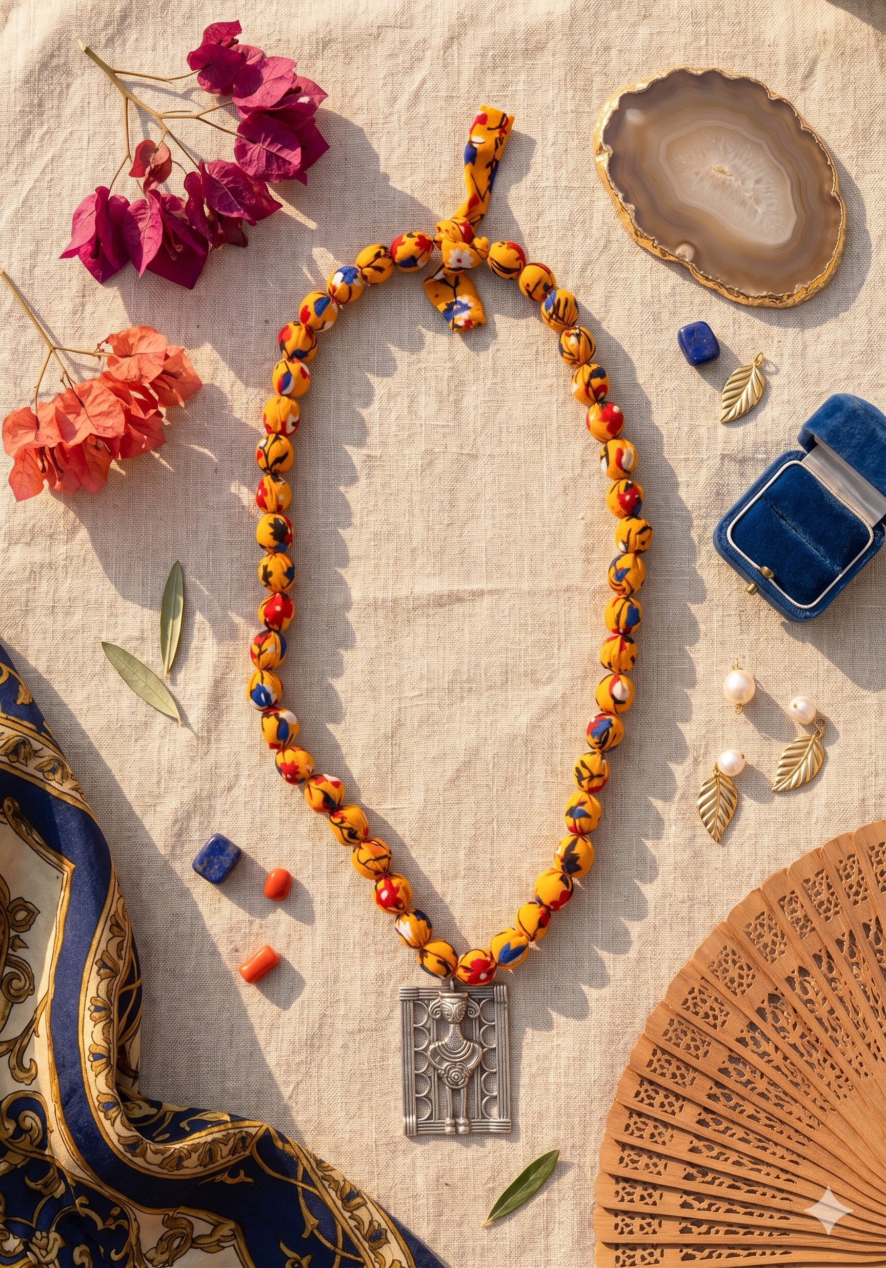 A colourful deep yellow beaded necklace with a Mettalic pendant on a textured surface with decorative items.