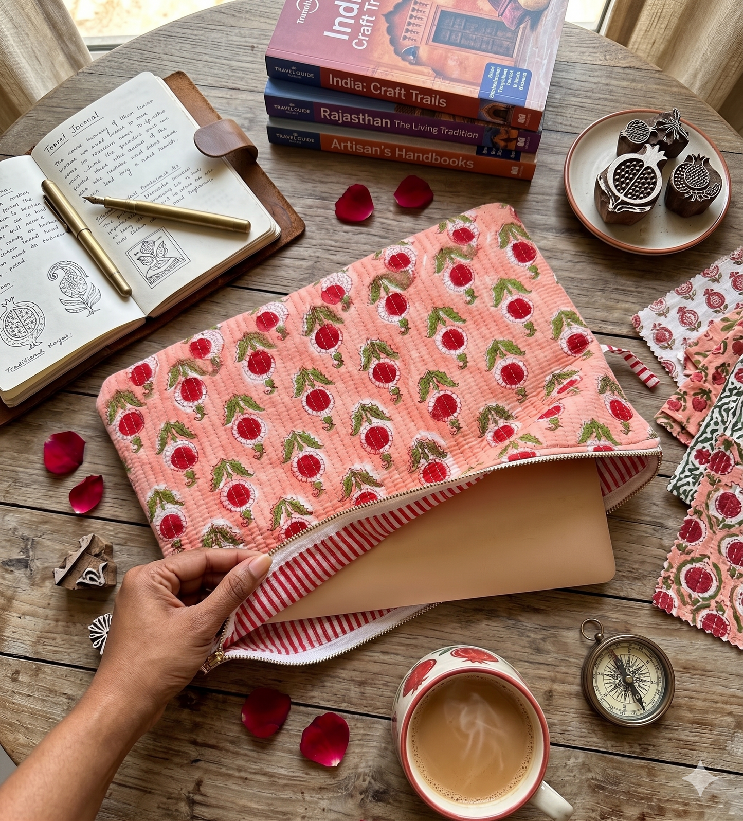 Floral block print quilted laptop sleeve in peach colour with Red and green foral pattern. 