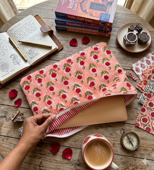 Floral block print quilted laptop sleeve in peach colour with Red and green foral pattern. 