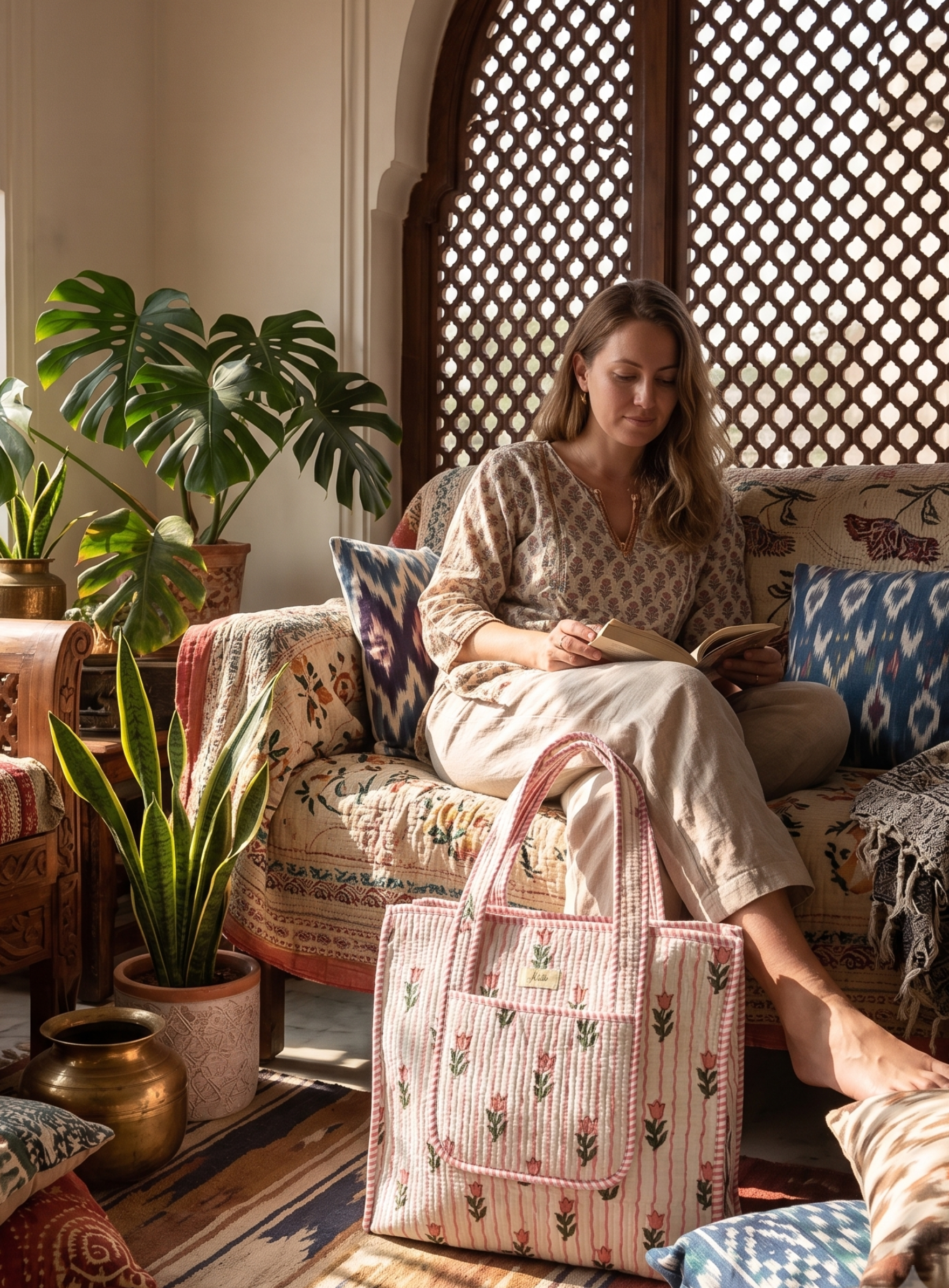 A woman sits on a patterned sofa in a sunlit room with wooden lattice screens, plants, and cushions, holding a book. A pink striped quilted block print tote bag with floral embroidery and 2 handle sits on the floor in the foreground.