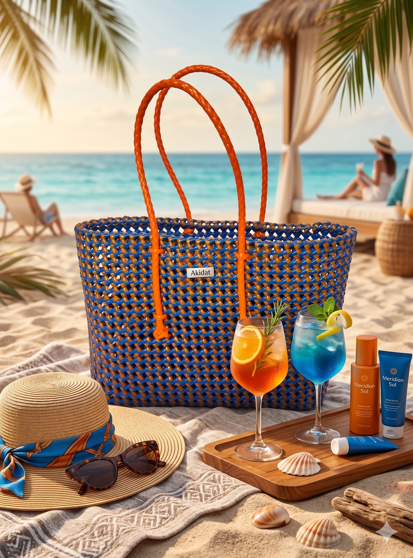 A blue and orange woven beach bag with orange handles on a sandy beach with drinks and accessories.