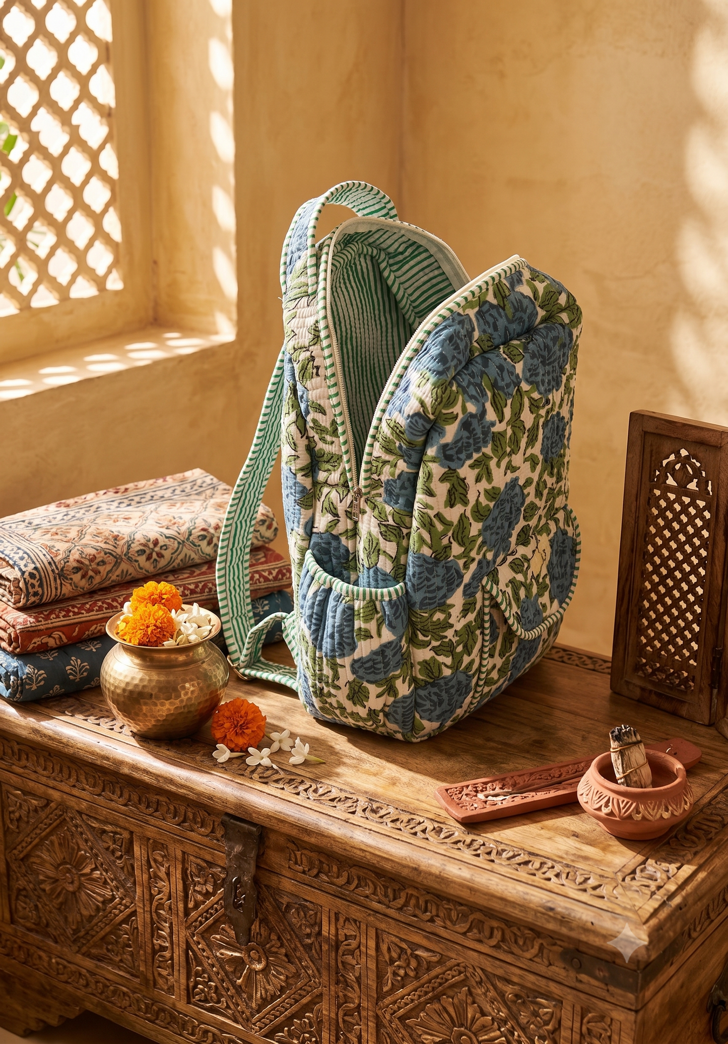 A quilted backpack with a blue floral pattern and green striped straps, with green and white striped interior, styled on a carved wooden chest in a warm, sunlit room with traditional decor.