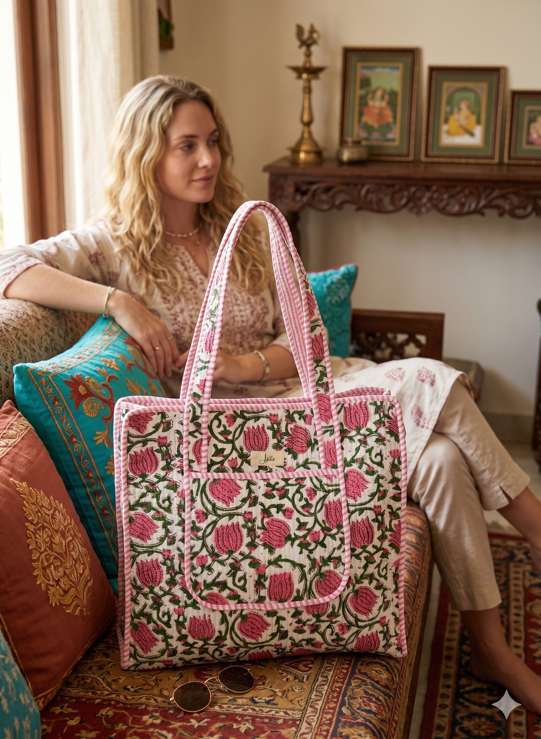 A woman sitting on a couch with a floral-patterned bag next to her in a decorated room.