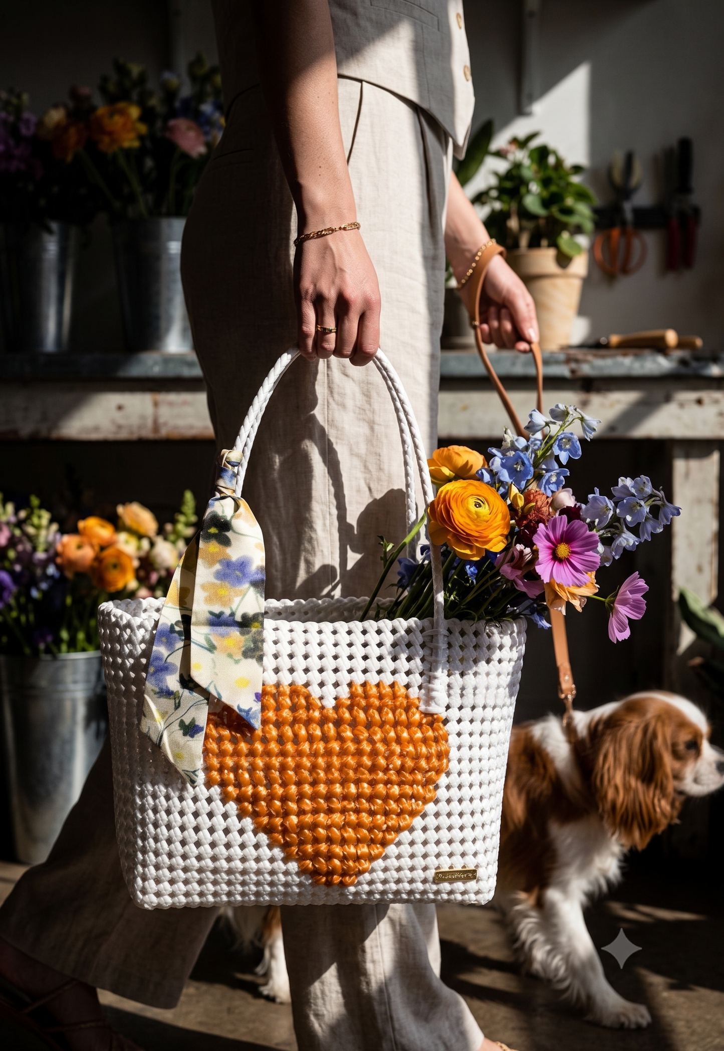 A person in beige clothing holds a white woven recycled plastic tote bag with a large orange/ golden heart design and a floral scarf, while flowers spill out of the bag. A small brown and white dog stands nearby in a sunlit, rustic indoor setting with plants and shelves in the background.