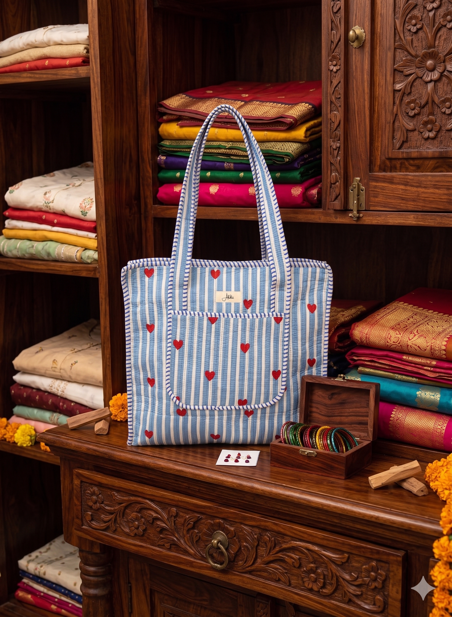 Blue striped tote bag with red hearts on a wooden cabinet with fabric stacks in the background