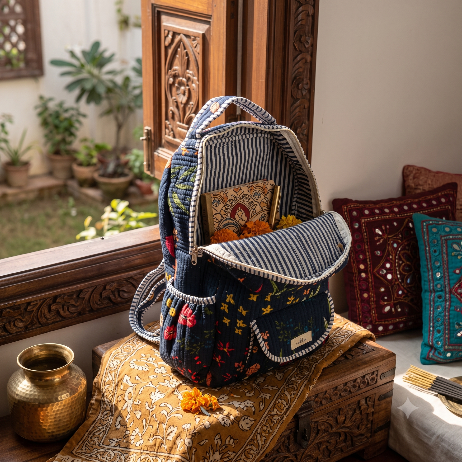 A navy blue quilted backpack with floral embroidery and striped inner lining, styled on a carved wooden chest in a warm, rustic indoor setting with cushions and plants.