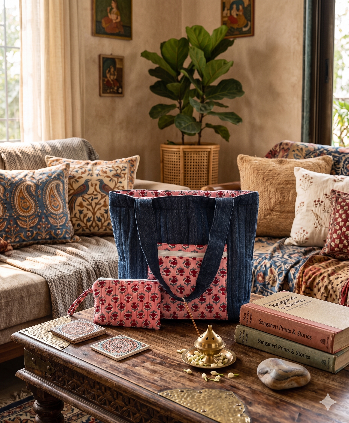 Denim tote bag with cotton patches and matching cotton pouch in a decorative living room with a couch, coffee table, and decorative items.