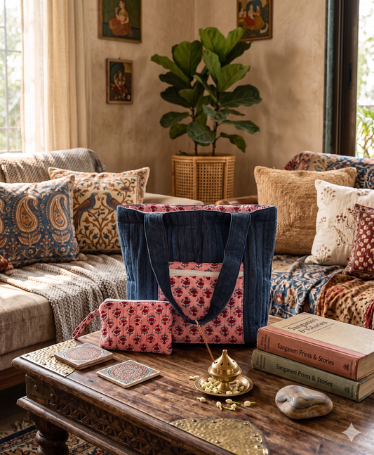 Denim tote bag with cotton patches and matching cotton pouch in a decorative living room with a couch, coffee table, and decorative items.