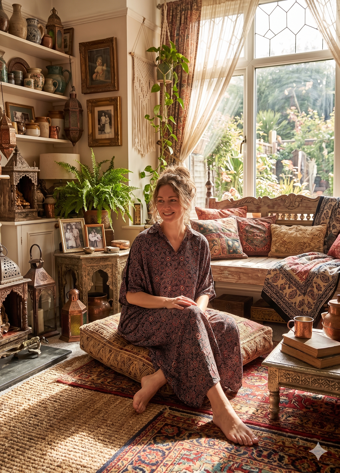 A woman is sitting wearing a black floral collared kaftan dress on a cushion in a cosy living room with plants and a large window.