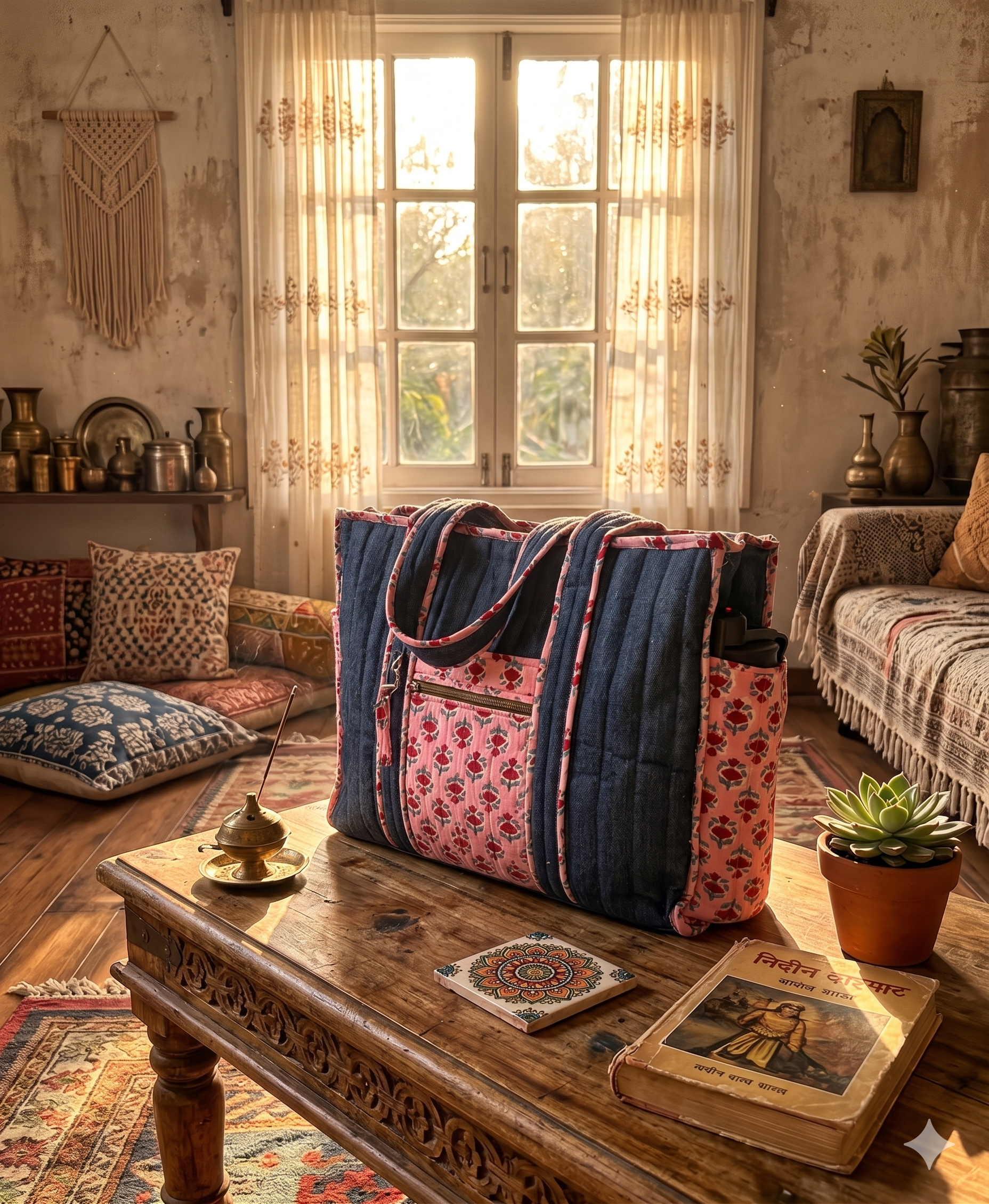 A large denim bag with pink patches on a wooden coffee table in a sunlit room with rustic decor.