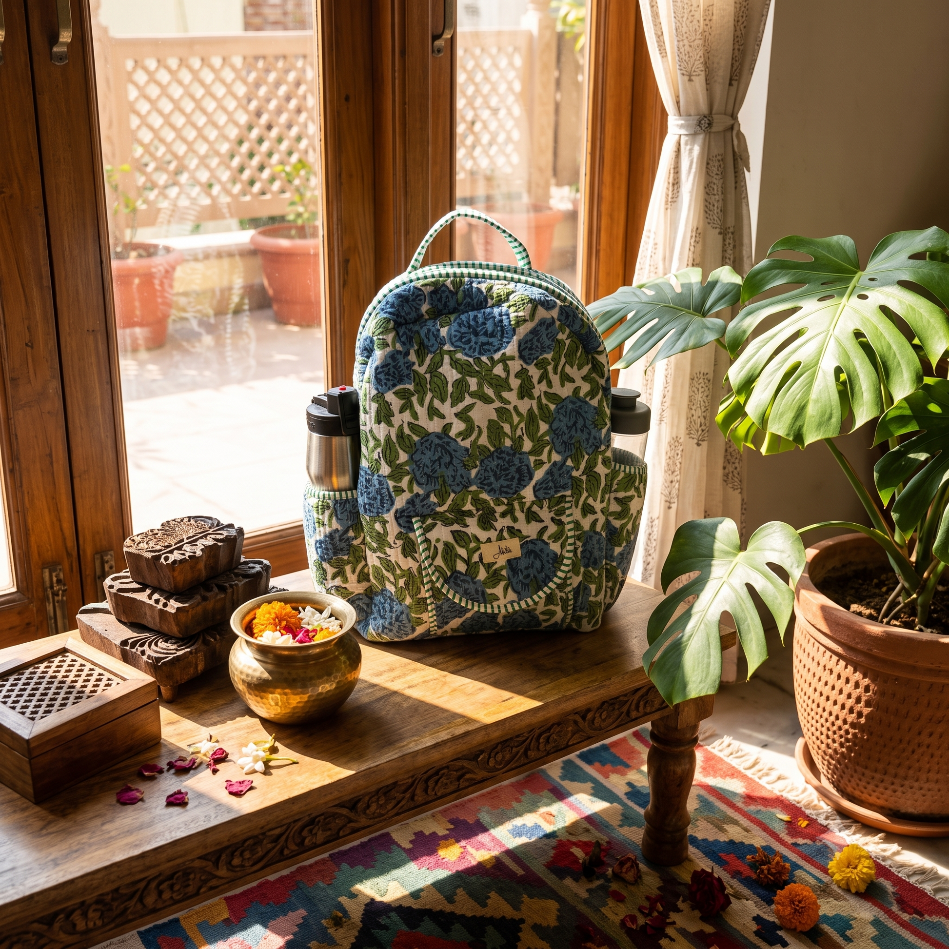 A white base quilted backpack with blue and green floral pattern resting on a wooden table in a bohemian setup.