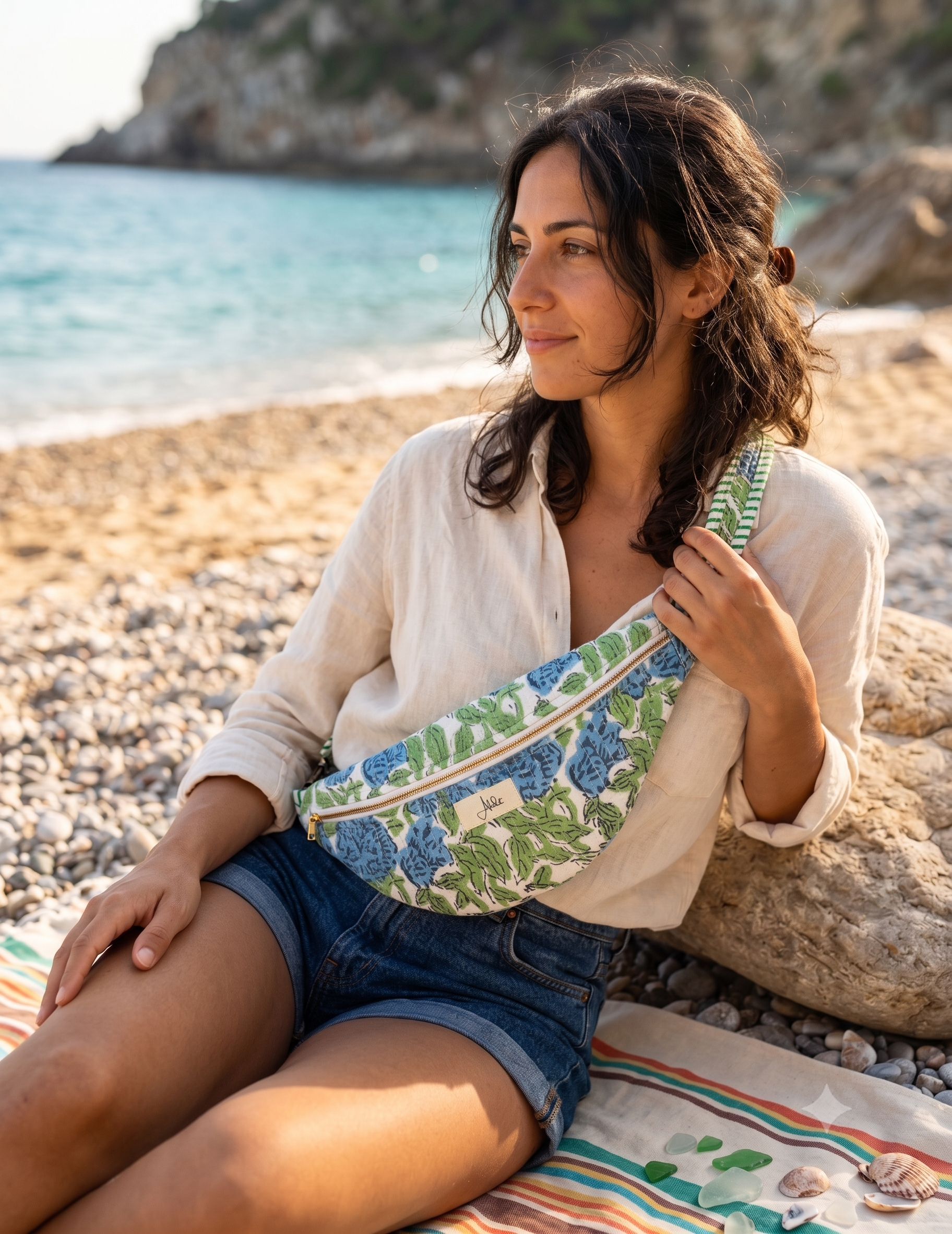 A woman sitting on a pebble beach wearing a cream shirt and denim shorts, carrying a green and blue floral-patterned crossbody fanny bag.