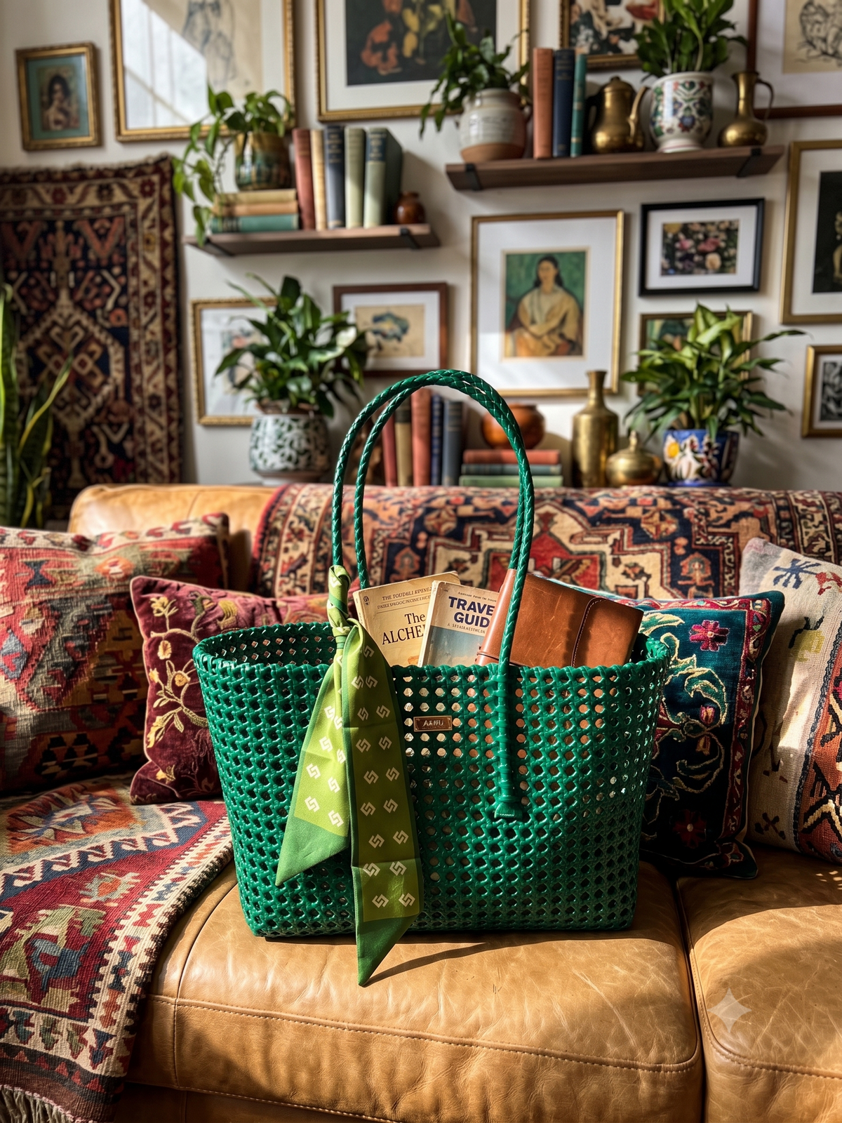 A green woven recycled plastic tote bag with double handles sits on a tan leather sofa in a richly decorated living room. The bag has a green patterned scarf tied to one handle and a book tucked inside.