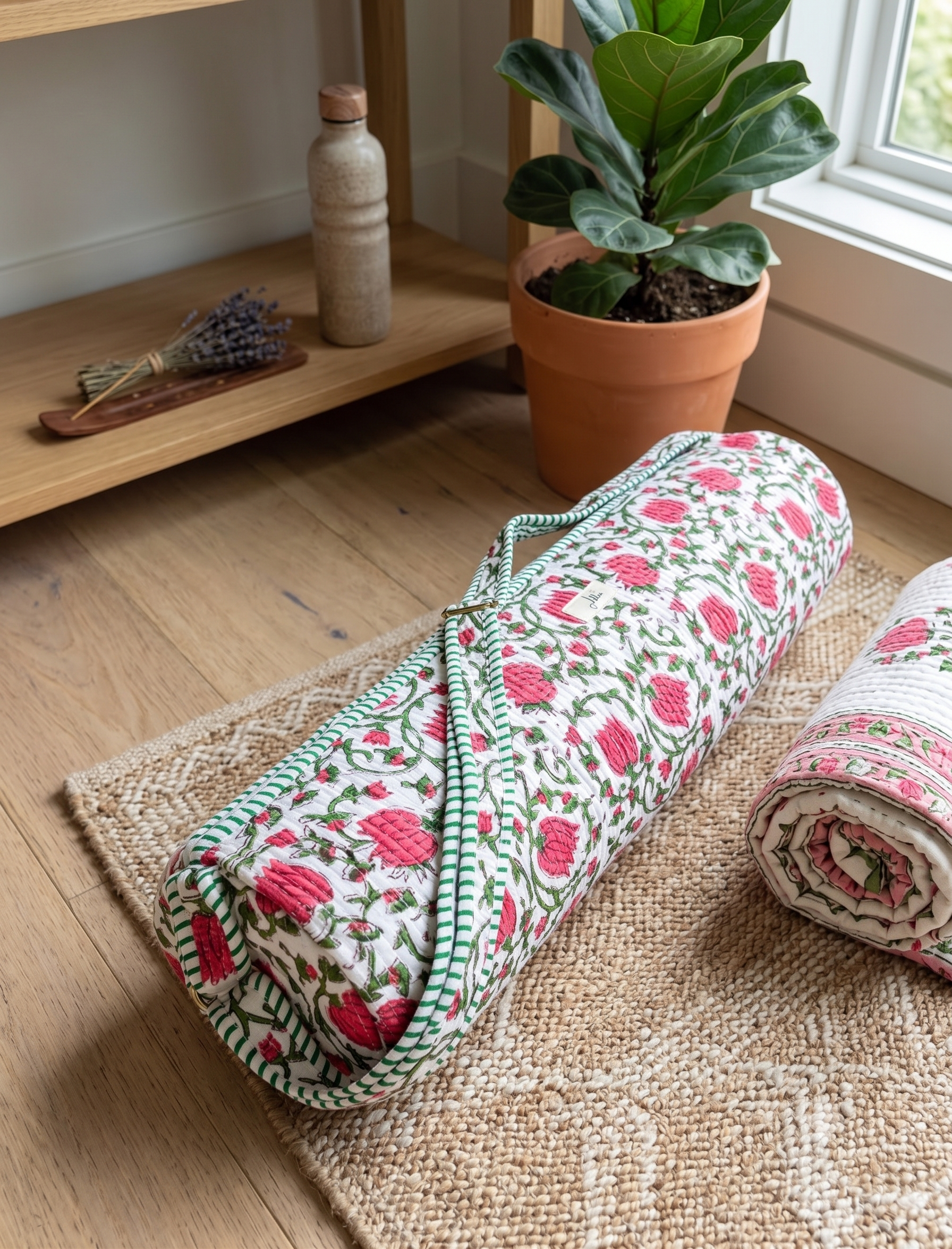 A quilted yoga mat cover with a pink and green floral pattern sits on a woven jute rug in a bright room, with another rolled mat and a potted fiddle-leaf fig plant nearby.