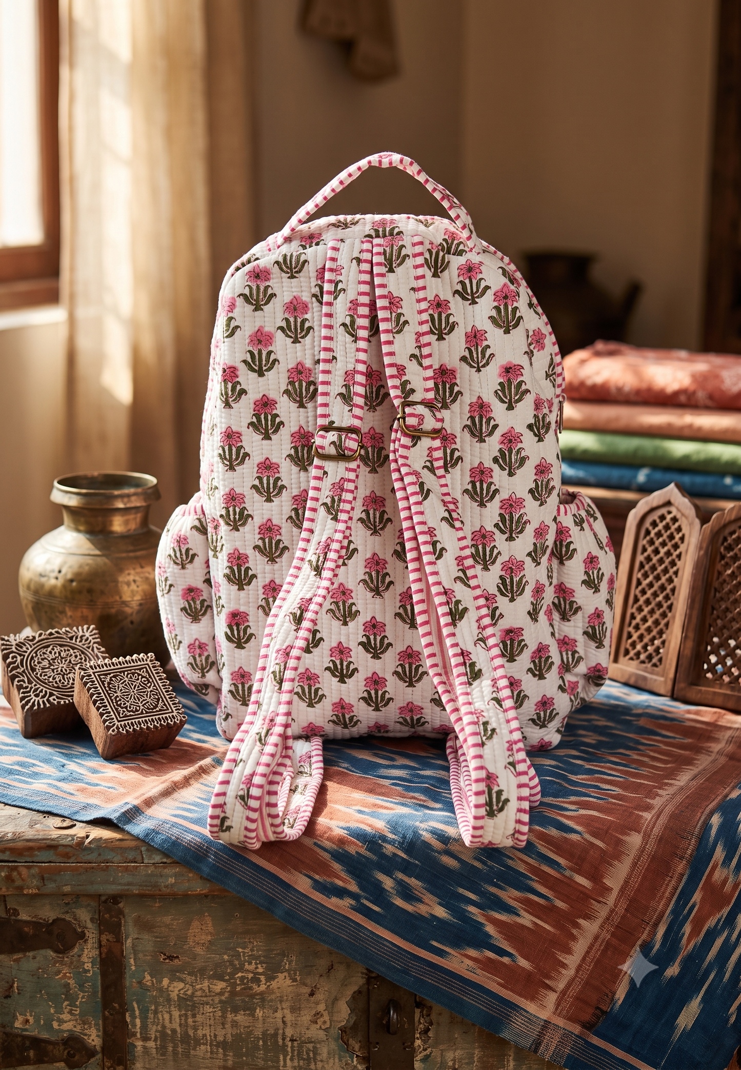 A white cotton quilted backpack with a pink and green floral block print pattern, featuring pink and white striped shoulder straps, displayed on a rustic wooden table with a colorful patterned textile and traditional Indian decorative items in the background.
