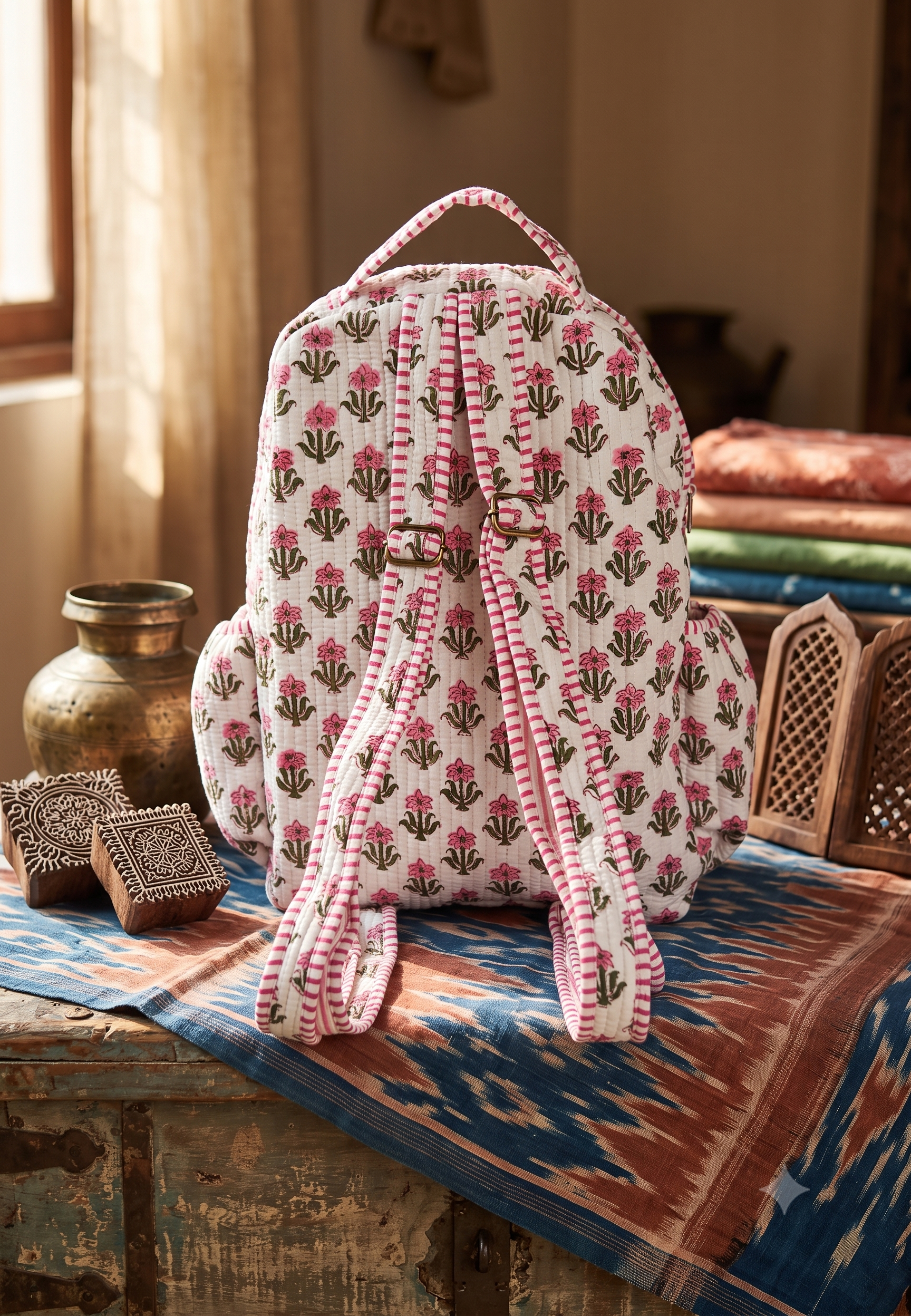 A white cotton quilted backpack with a pink and green floral block print pattern, featuring pink and white striped shoulder straps, displayed on a rustic wooden table with a colorful patterned textile and traditional Indian decorative items in the background.