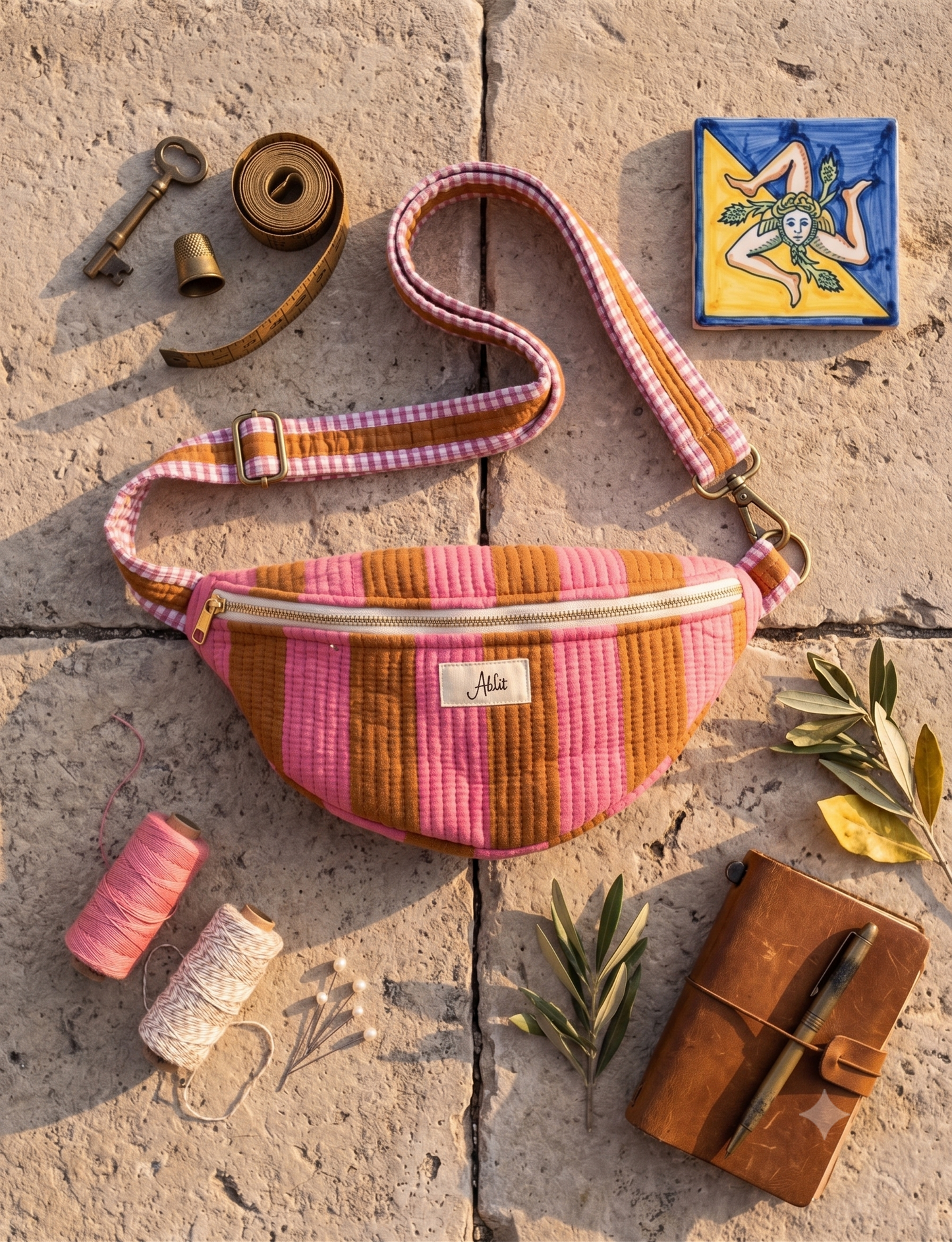 A striped fabric fanny pack with a pink and rust patterned strap, styled in a flat lay on a stone surface with vintage props including a leather notebook, thread, a key, and a ceramic tile.