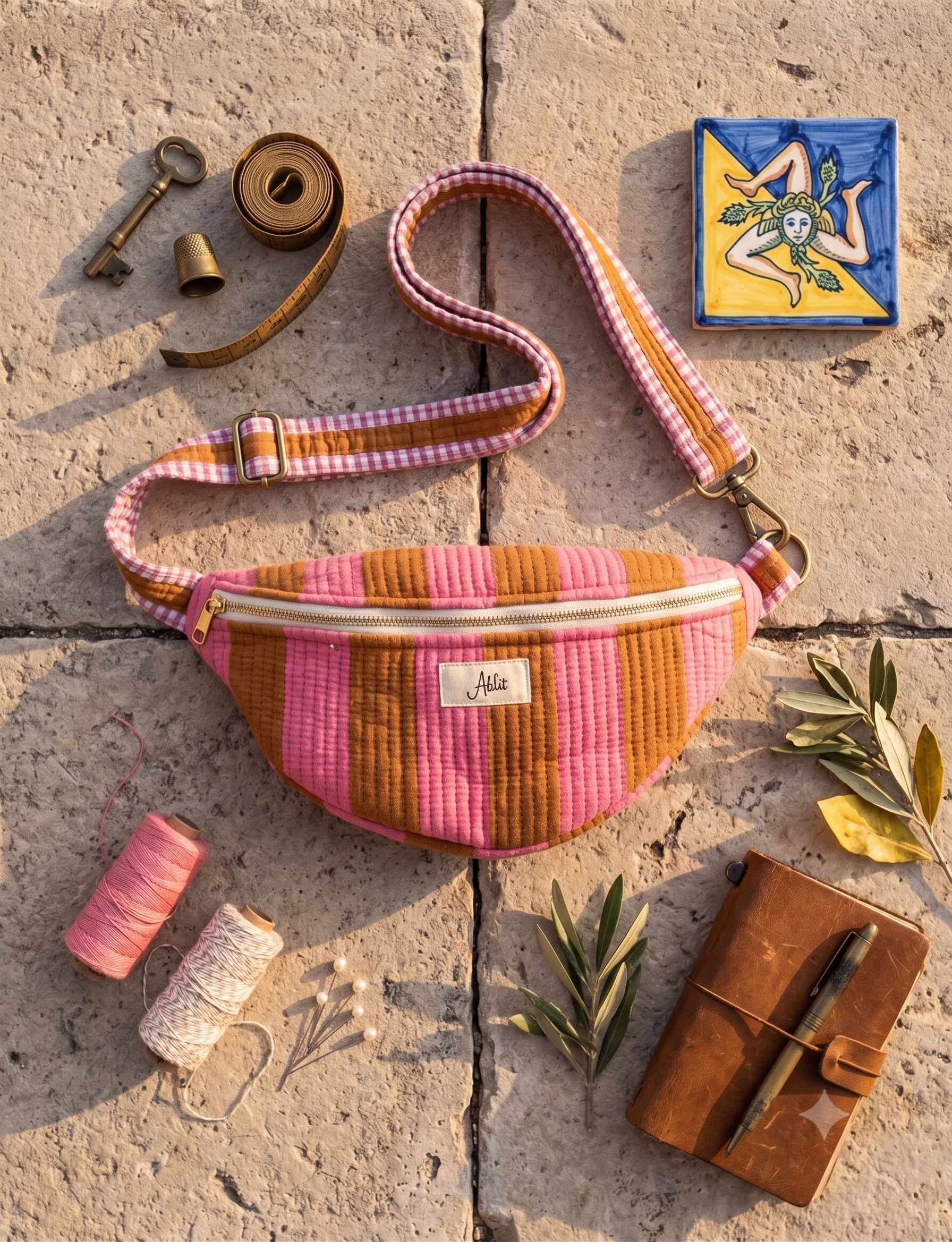A striped fabric fanny pack with a pink and rust patterned strap, styled in a flat lay on a stone surface with vintage props including a leather notebook, thread, a key, and a ceramic tile.