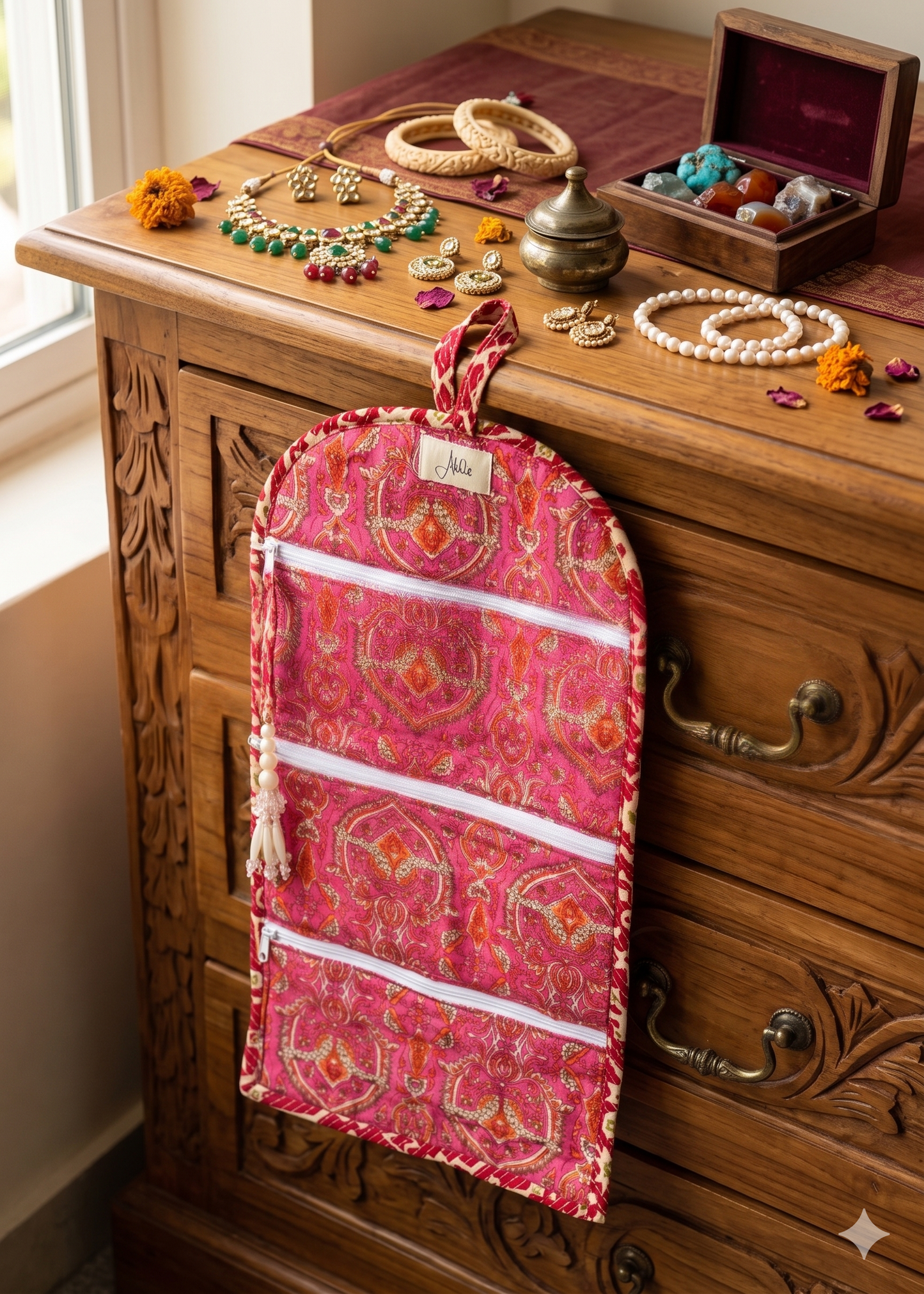 Pink interiors of a jewellery organizer with 3 zip pockets hanging on a wooden dresser with jewelry items.