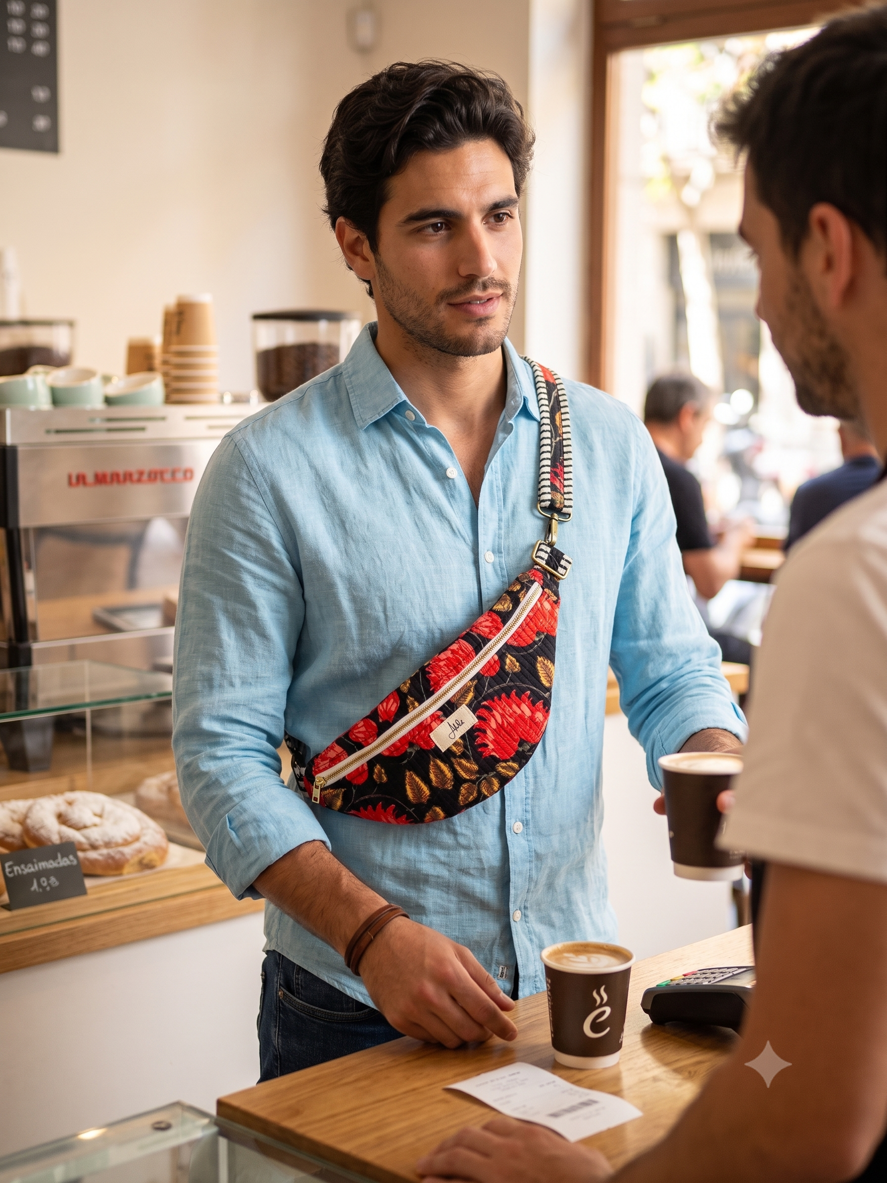 A man in a light blue shirt wearing a red, black, and gold patterned crossbody fanny pack while standing at a coffee shop counter.