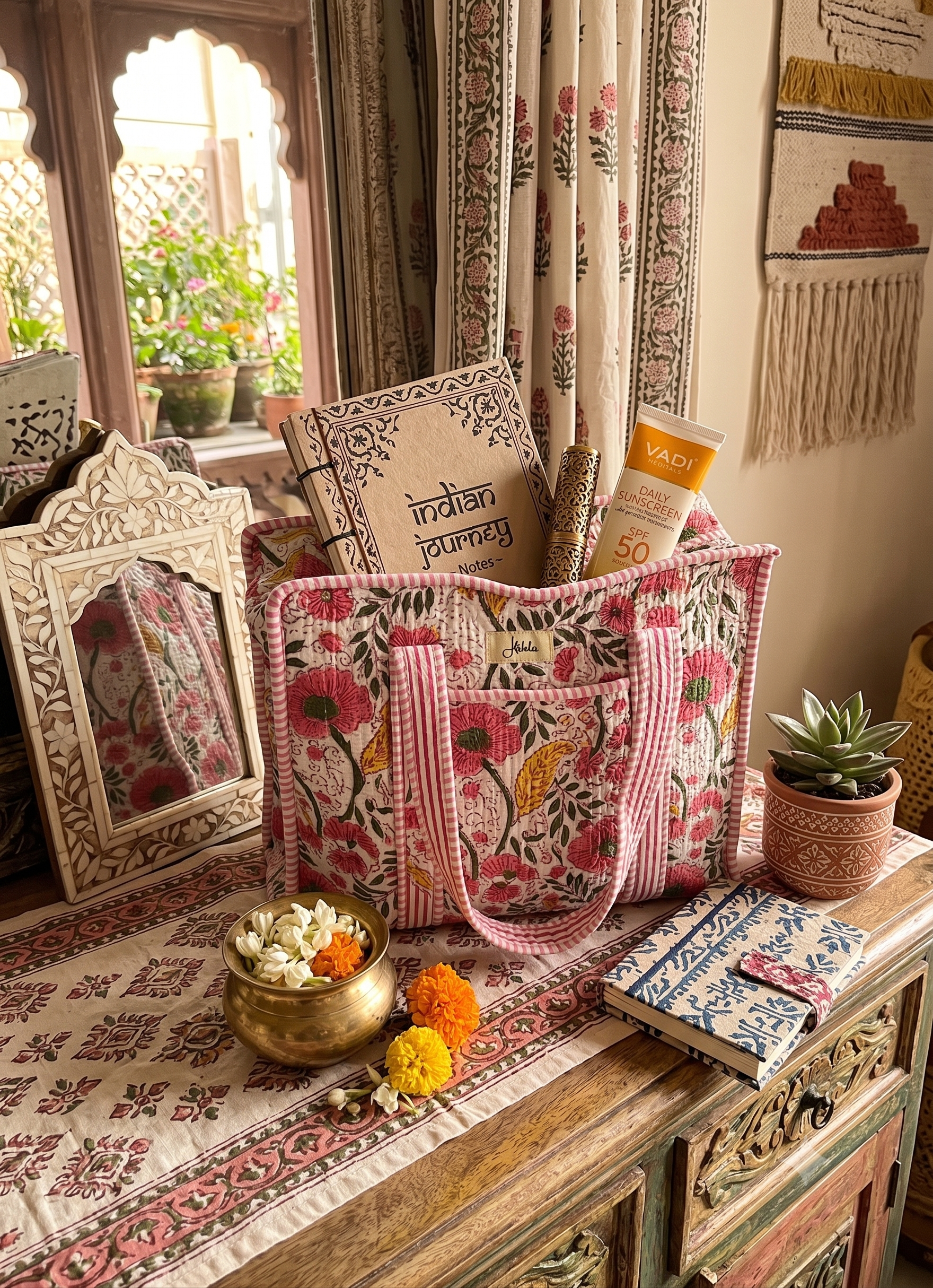 A floral quilted blockprint tote bag with pink handles sits on a decorated wooden table in a warm, styled interior. The bag has a pink and yellow block-print style pattern with orange and yellow accents.
