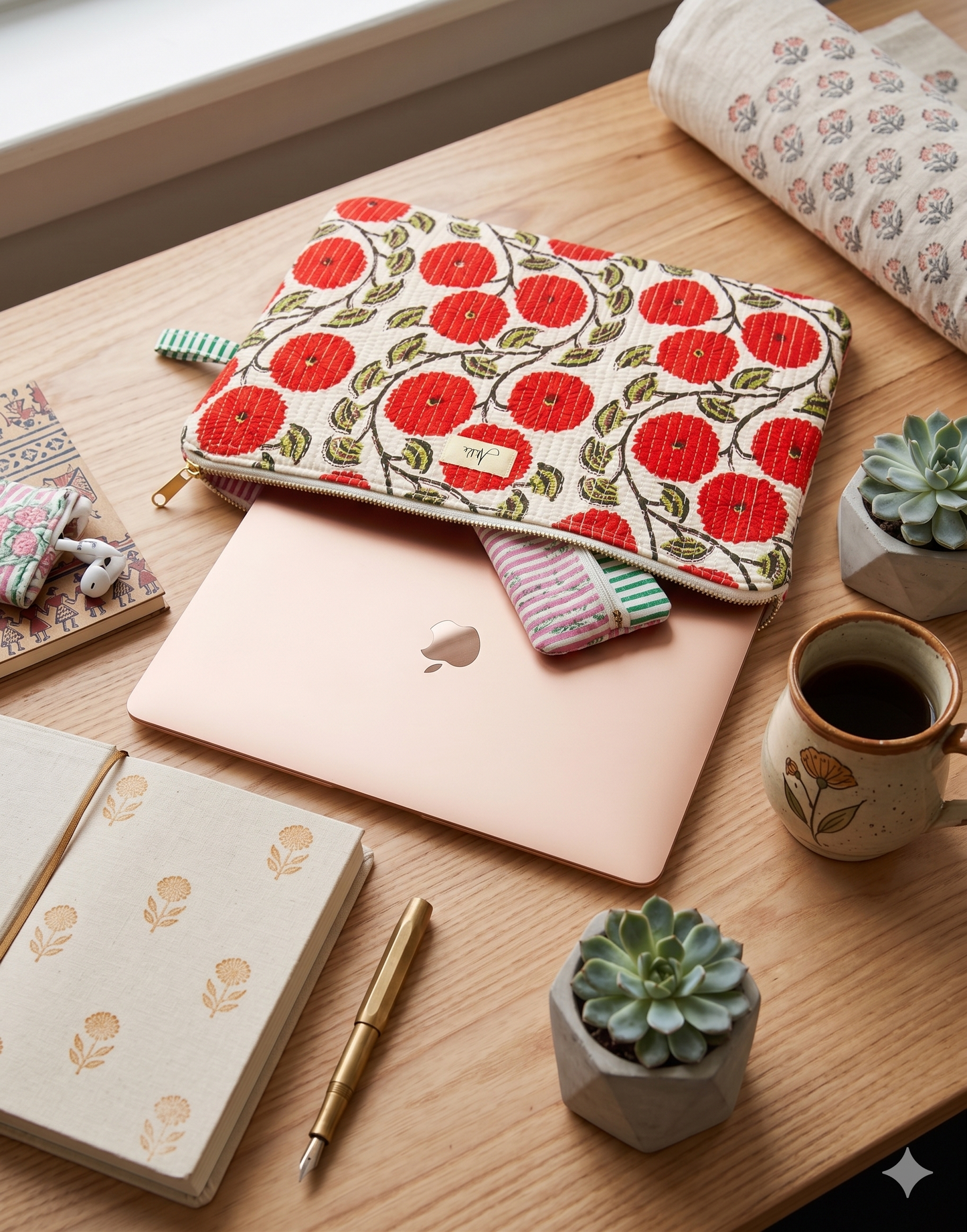 A quilted laptop sleeve with an orangish-red-coloured dahlia-like floral pattern all over on a white base is carrying a laptop placed on a wooden study table with houseplants, a coffee mug, a notebook and a pen. 